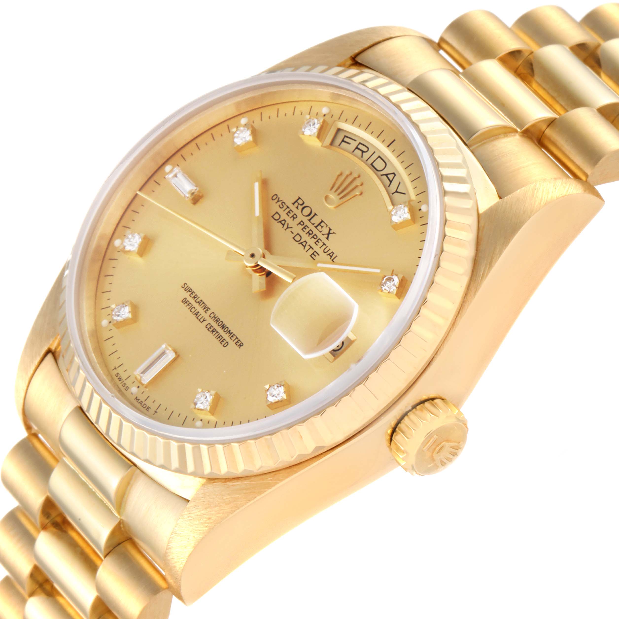 This image shows a close-up of the face and bracelet of a Rolex President 18038 Men
s Yellow Gold Champagne Dial 18038 Men
s Yellow Gold Champagne Dial model watch at a slight angle.
