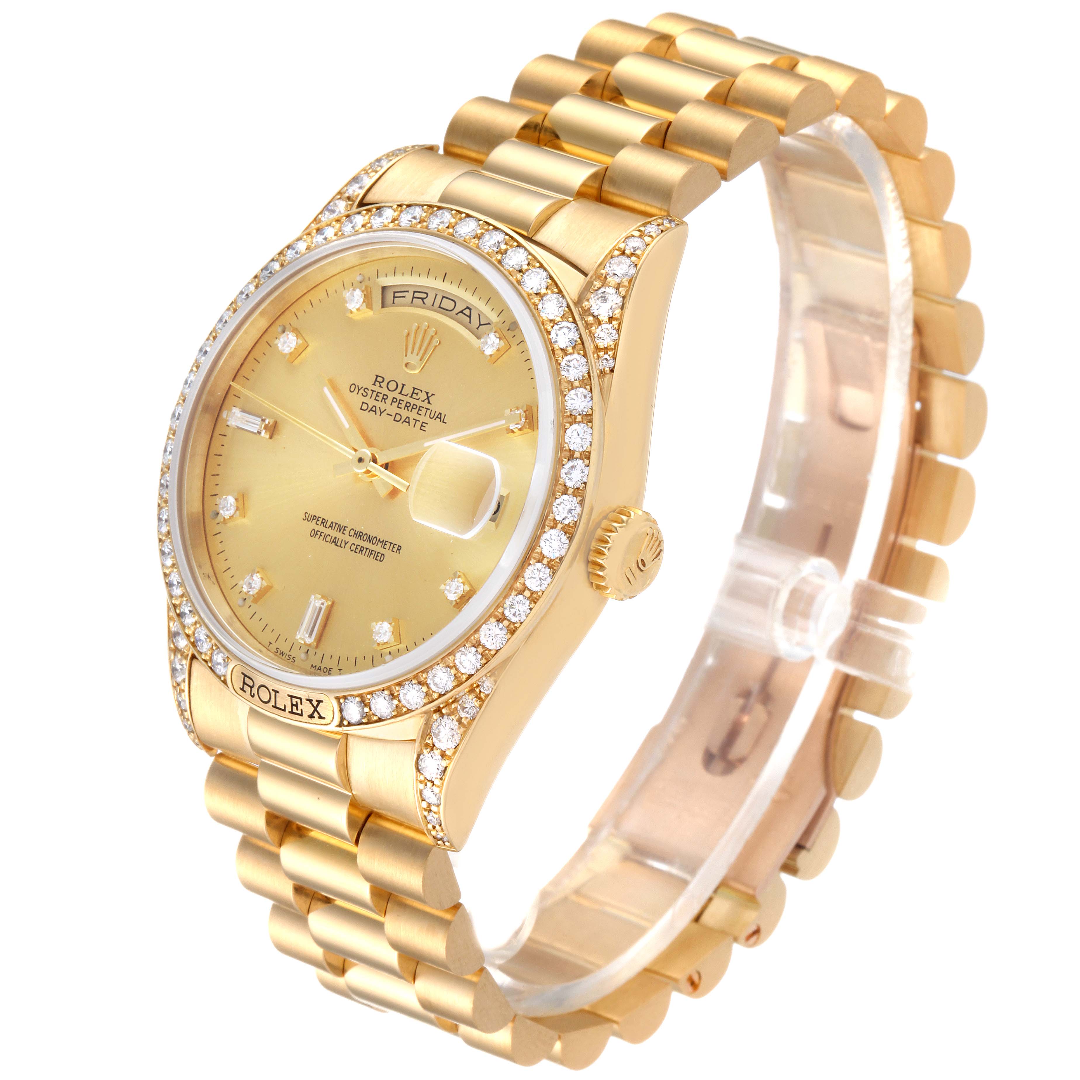 The image shows a side angle of a Rolex President 18388 Men
s Yellow Gold Champagne Dial 18388 Men
s Yellow Gold Champagne Dial model, displaying its gold bracelet and diamond-set bezel.
