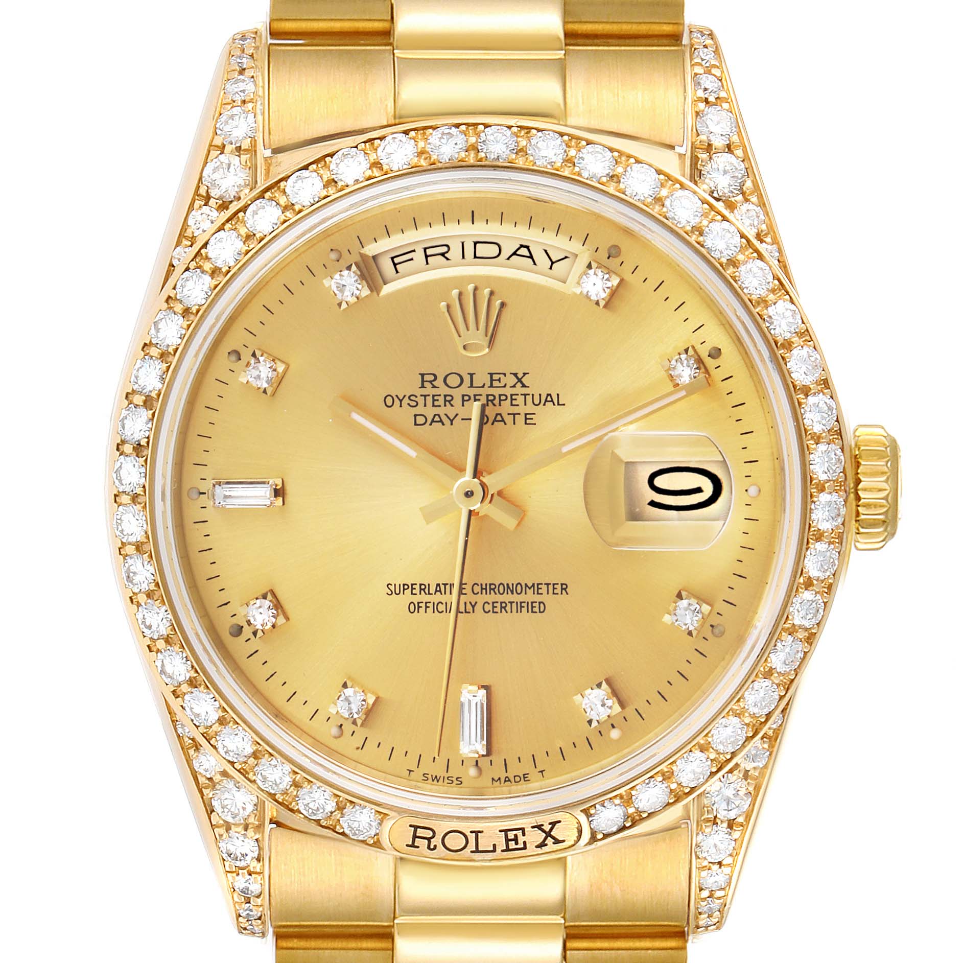 This is a close-up of the Rolex President 18388 Men
s Yellow Gold Champagne Dial 18388 Men
s Yellow Gold Champagne Dial model watch, showing the face, crown, bezel, and part of the bracelet.