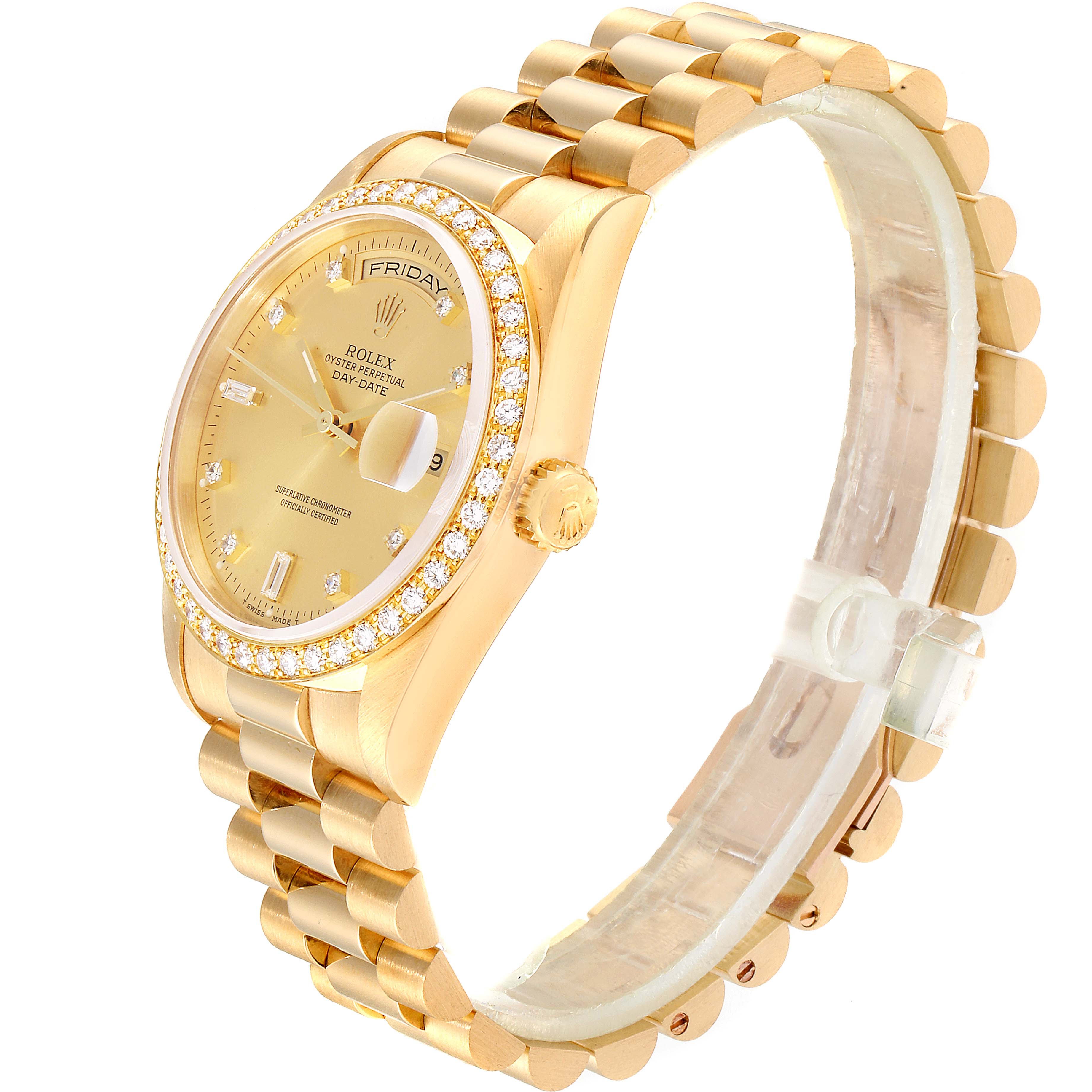 The image shows a side angle of a Rolex President 18348 Men's Yellow Gold Champagne Dial 18348 Men's Yellow Gold Champagne Dial model watch, highlighting its gold band, diamond bezel, and crown.