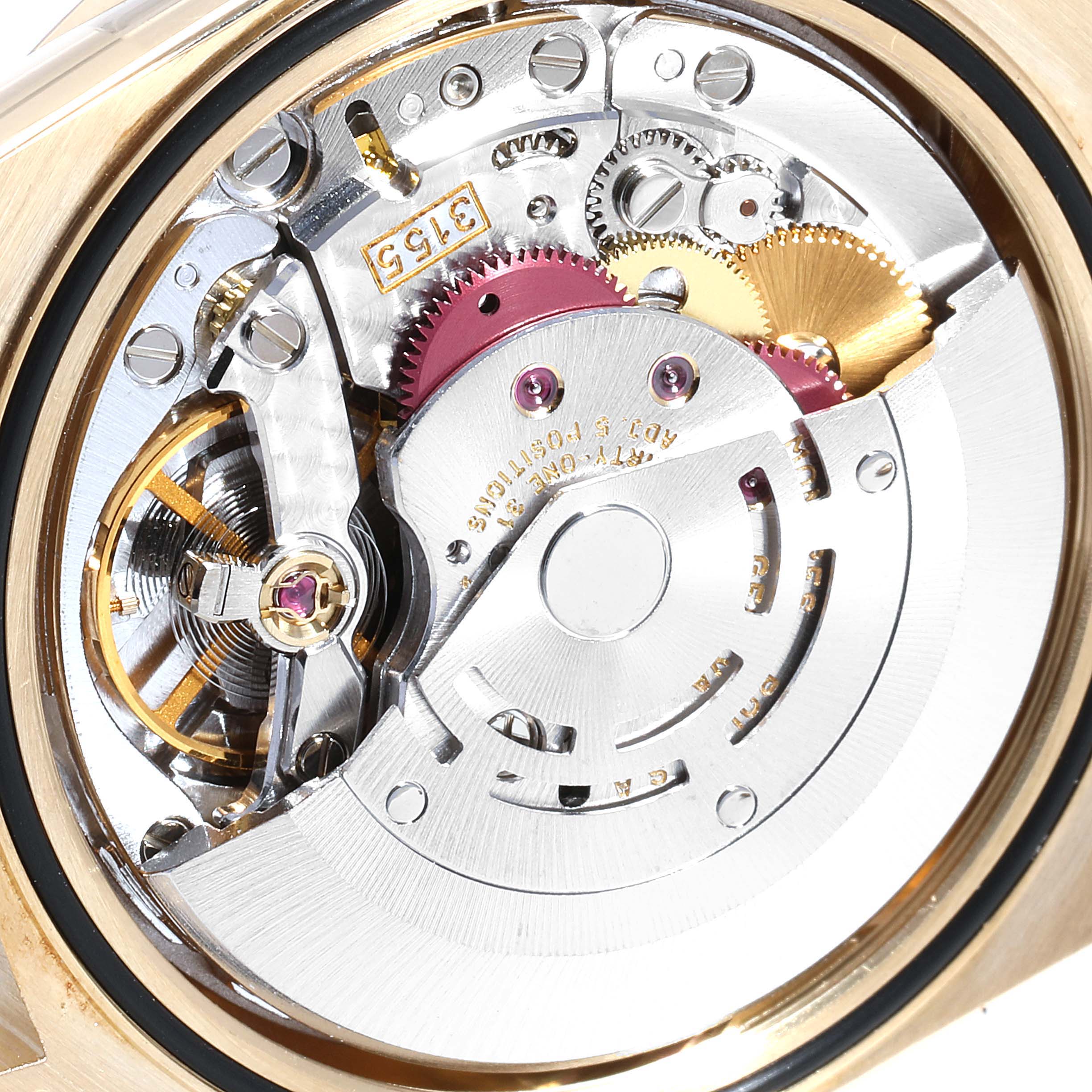 The image shows the internal movement components of a Rolex President 18348 Men's Yellow Gold Champagne Dial 18348 Men's Yellow Gold Champagne Dial model watch from a close-up angle.
