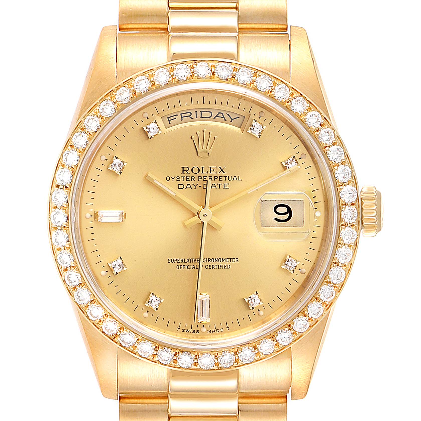 The image shows a frontal view of the Rolex President 18348 Men's Yellow Gold Champagne Dial 18348 Men's Yellow Gold Champagne Dial model watch, highlighting its gold case, diamond-encrusted bezel, and bracelet.