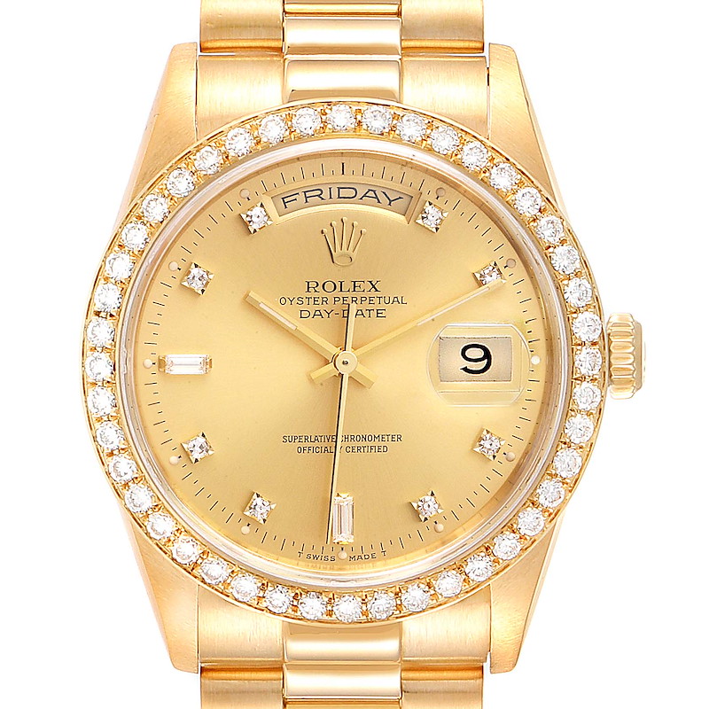 Rolex President Day Date Yellow Gold Diamond Dial Bezel Mens Watch 18348 SwissWatchExpo