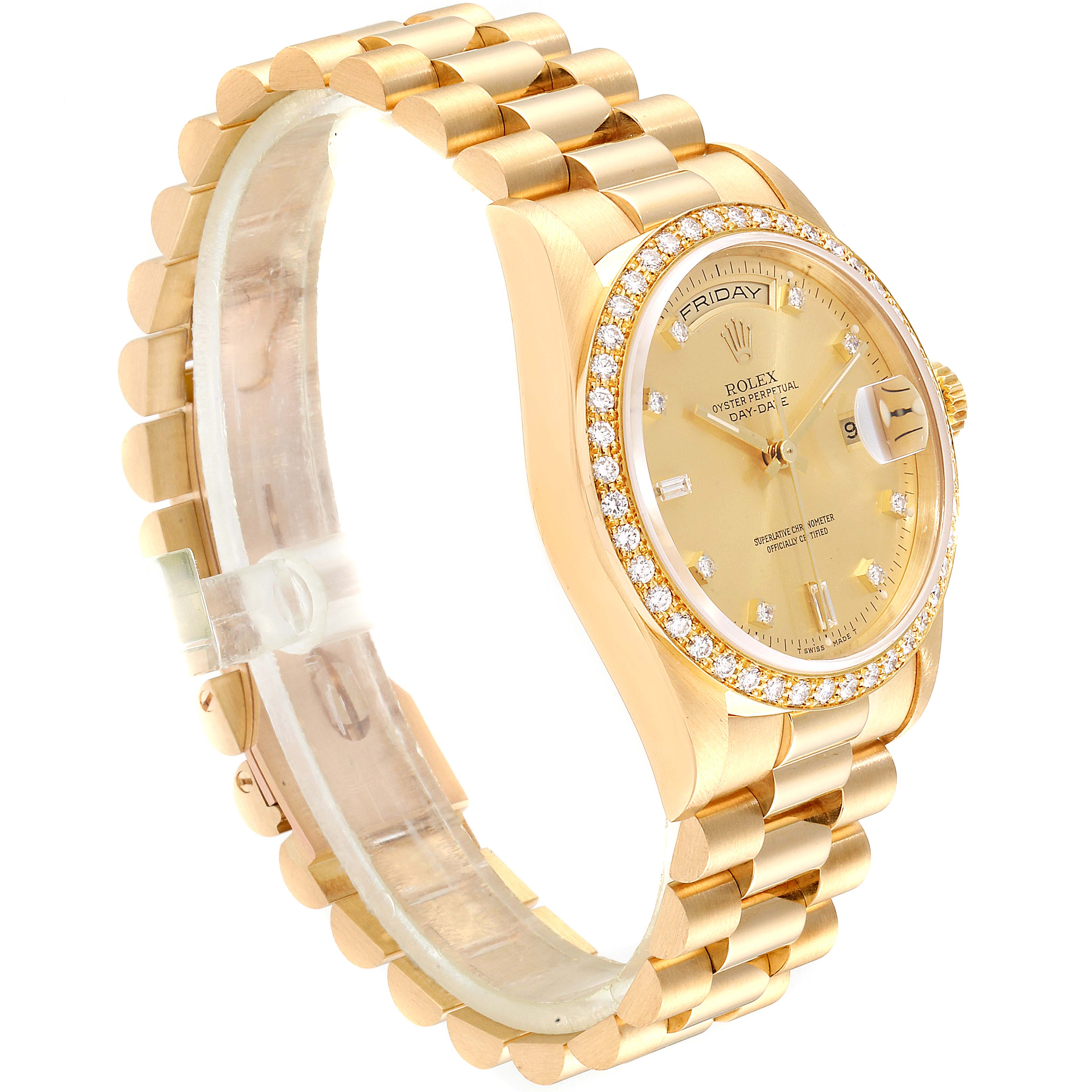 The image captures a side angle of the Rolex President 18348 Men's Yellow Gold Champagne Dial 18348 Men's Yellow Gold Champagne Dial model watch, highlighting its gold band, detailed bezel, and face.