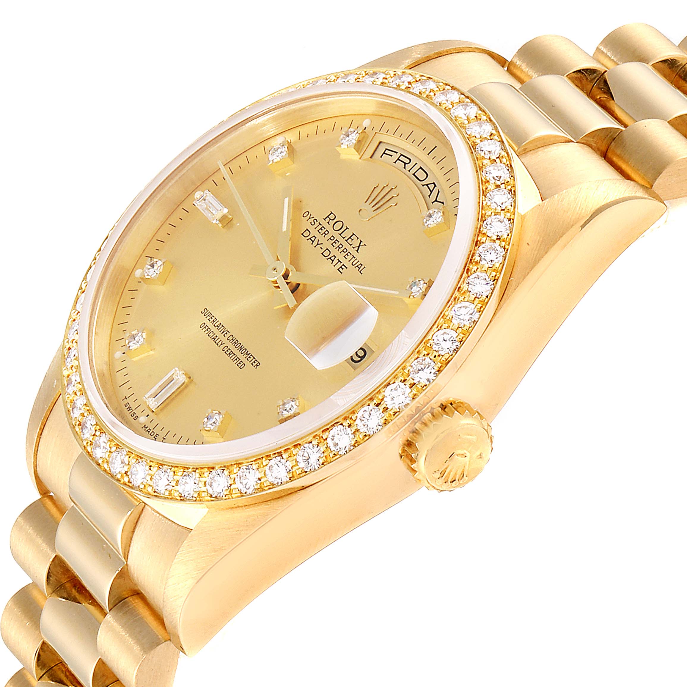 The image shows the face, bezel, crown, and bracelet of a Rolex President 18348 Men's Yellow Gold Champagne Dial 18348 Men's Yellow Gold Champagne Dial model watch at a slight angle.