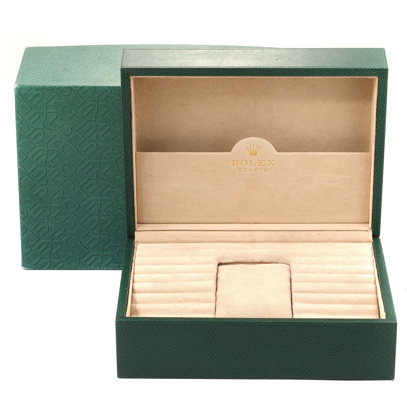 This image shows an open Rolex President 18348 Men's Yellow Gold Champagne Dial 18348 Men's Yellow Gold Champagne Dial model watch box, viewed from the front, highlighting its interior compartments.