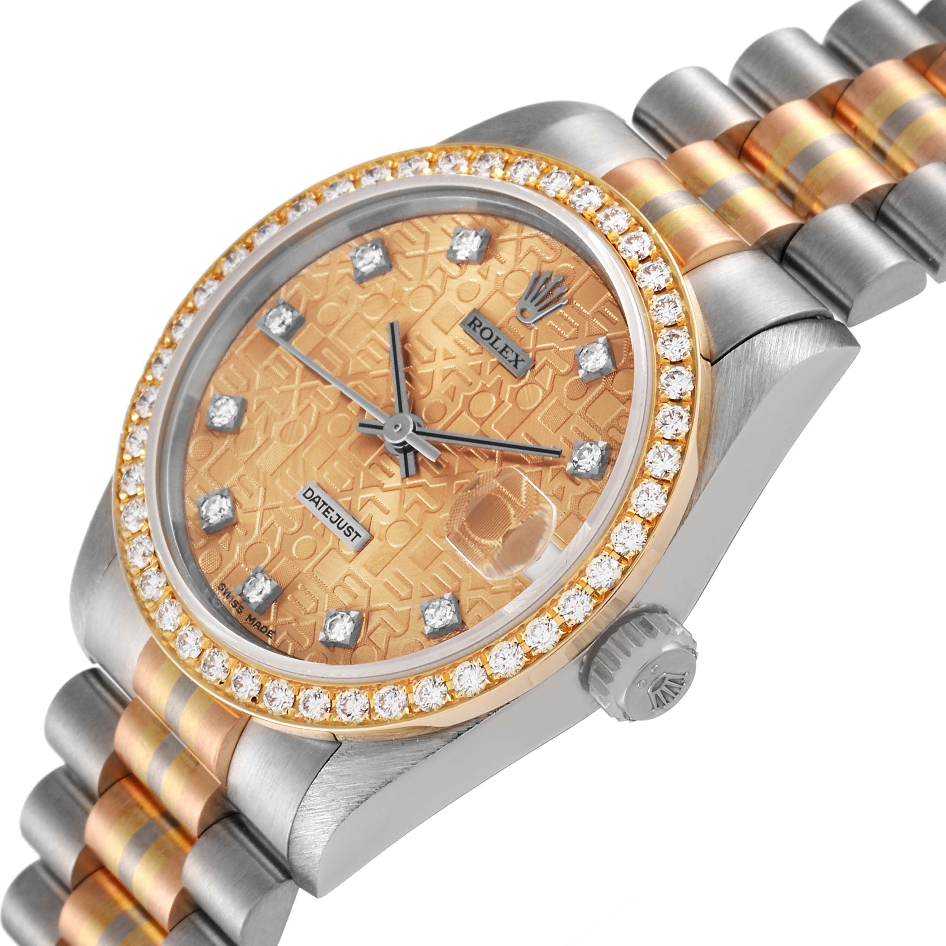 This image shows a Rolex President 68289 Women's White Gold Brown Dial 68289 Women's White Gold Brown Dial model watch at an angled view, displaying the face, bezel, crown, and part of the bracelet.