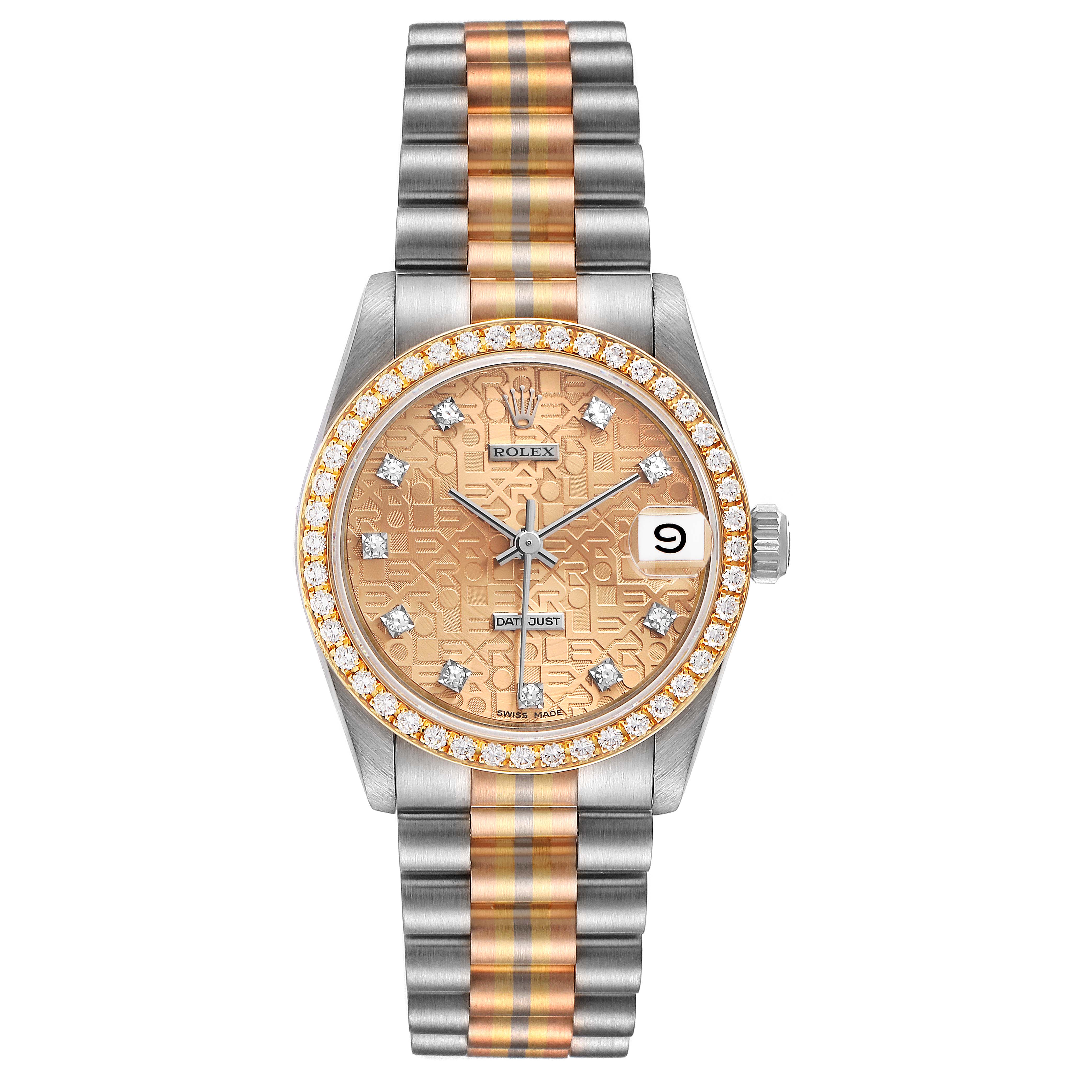 This image shows a Rolex President 68289 Women's White Gold Brown Dial 68289 Women's White Gold Brown Dial model watch from a frontal angle, displaying its dial, bezel, and bracelet clearly.
