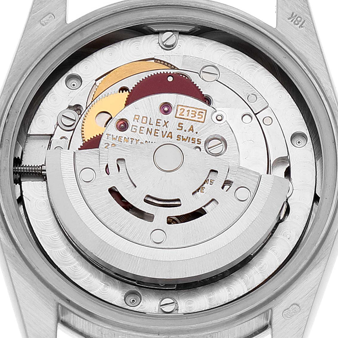 This image shows the internal mechanism of a Rolex President 68289 Women's White Gold Brown Dial 68289 Women's White Gold Brown Dial model watch, viewed from a rear angle with its case back removed.