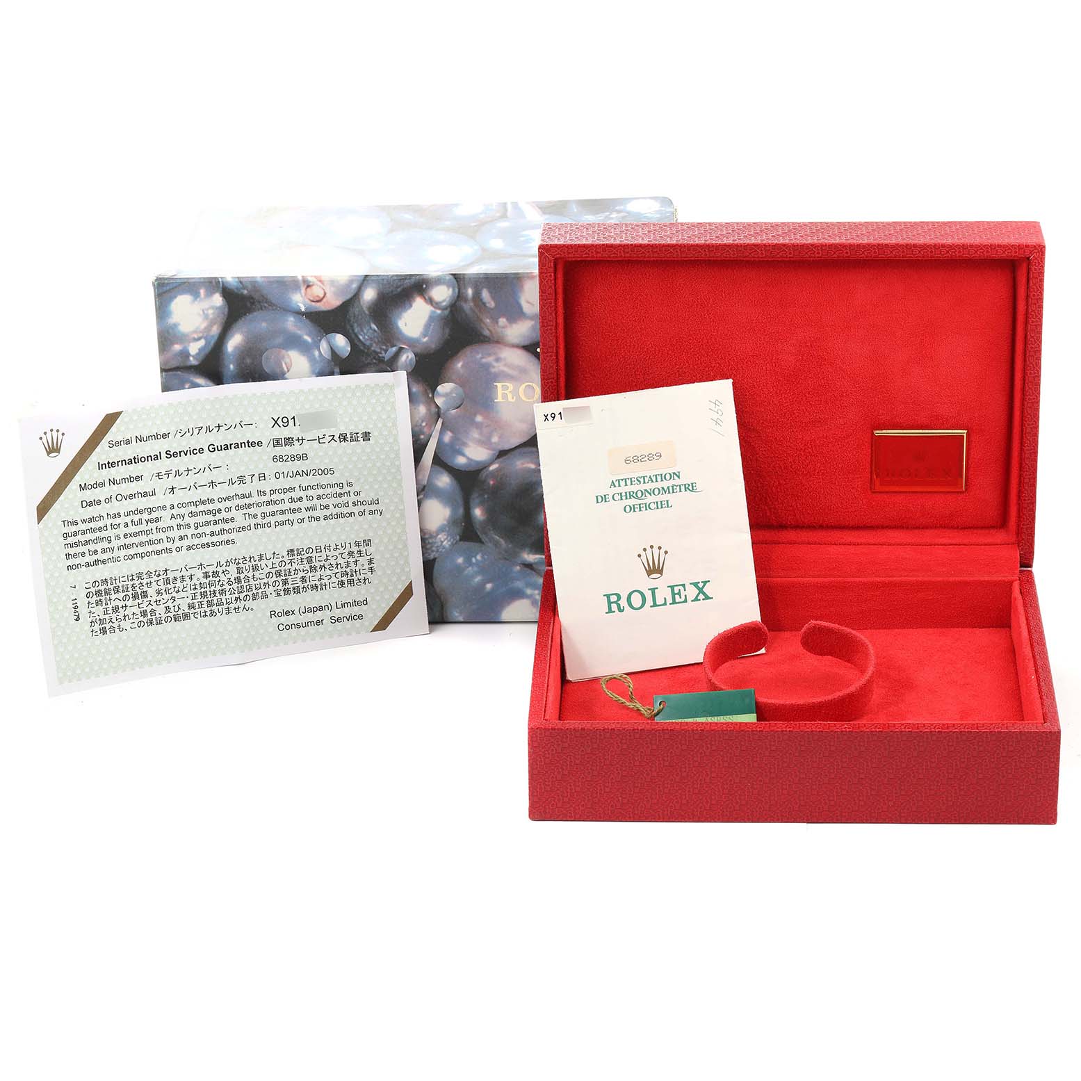 This image shows a Rolex President 68289 Women's White Gold Brown Dial 68289 Women's White Gold Brown Dial model watch box, including the case, warranty cards, and booklet.