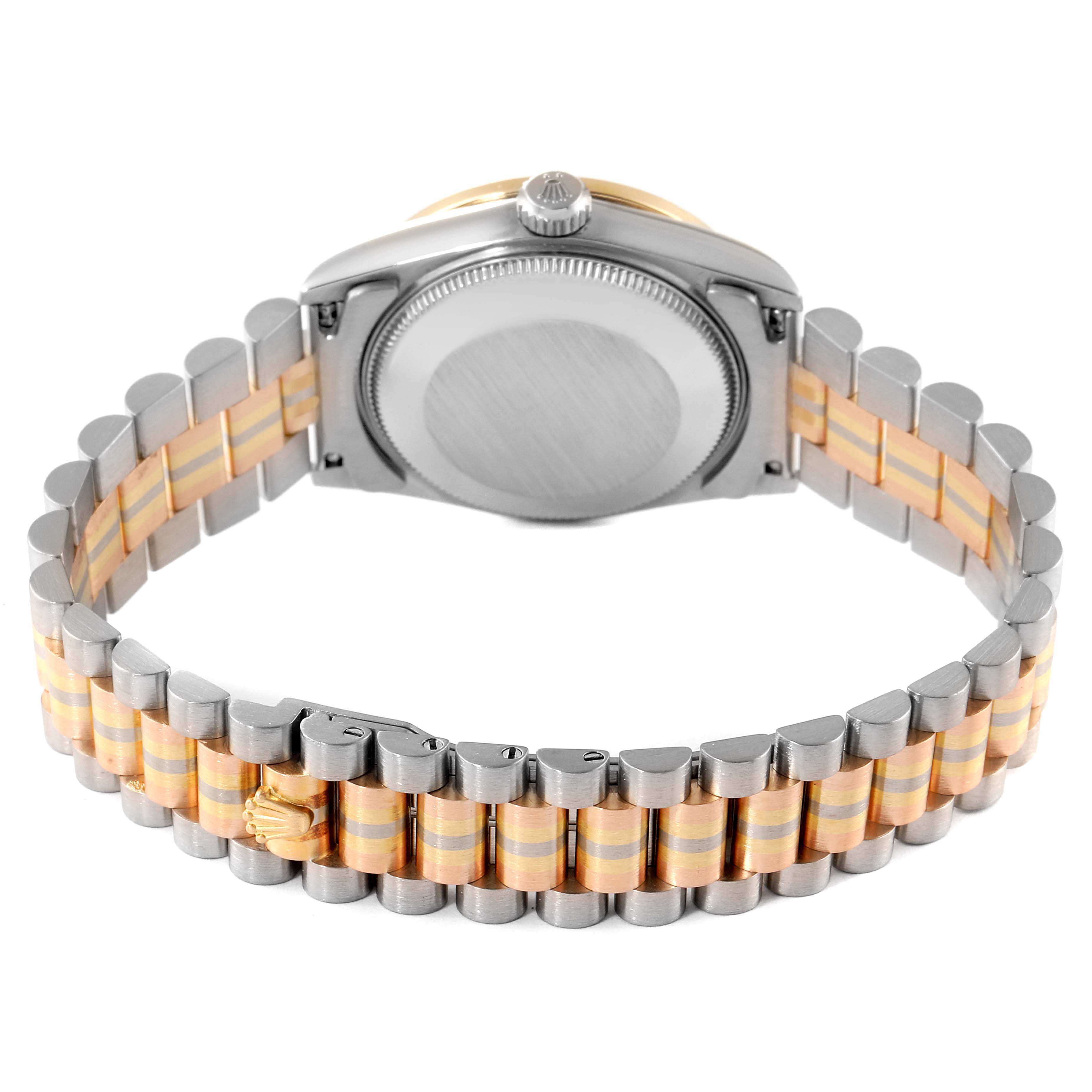 The image shows the back of a Rolex President 68289 Women's White Gold Brown Dial 68289 Women's White Gold Brown Dial model watch, highlighting its two-tone bracelet and caseback.