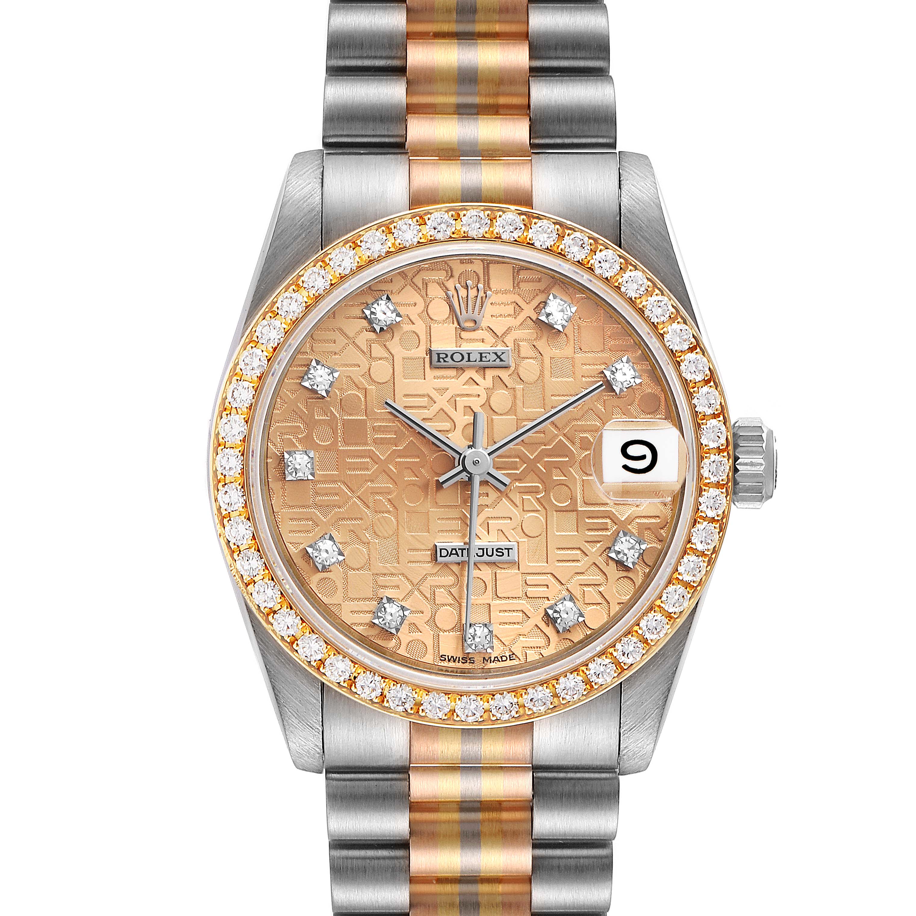 The Rolex President 68289 Women's White Gold Brown Dial 68289 Women's White Gold Brown Dial model watch is shown from a front angle, featuring a diamond bezel, patterned dial, and two-tone bracelet.