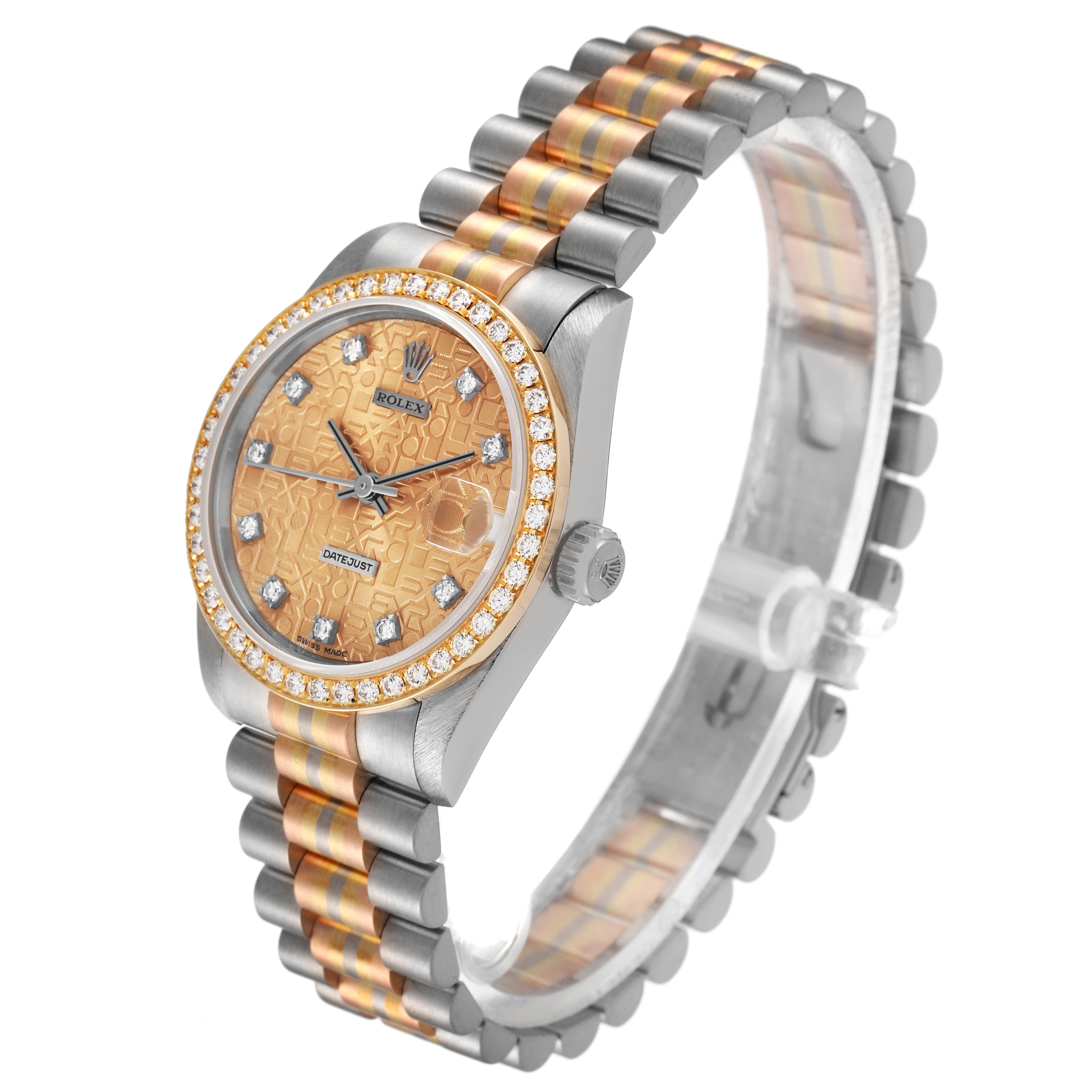 The image shows a Rolex President 68289 Women's White Gold Brown Dial 68289 Women's White Gold Brown Dial model watch at an angled view, displaying its two-tone bracelet, diamond bezel, and patterned dial.