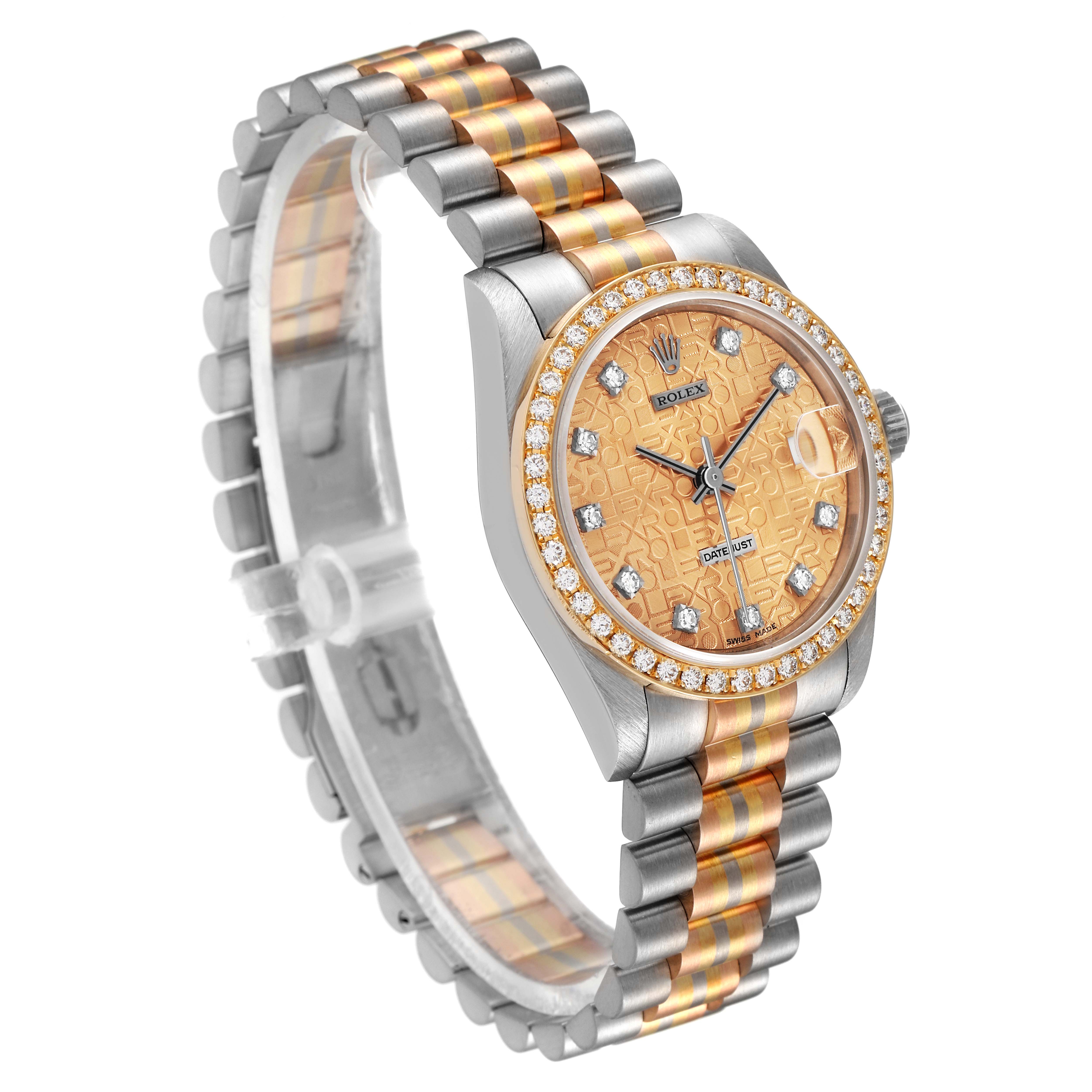 The Rolex President 68289 Women's White Gold Brown Dial 68289 Women's White Gold Brown Dial watch is shown at a three-quarter angle, displaying its dial, bezel, and bracelet.