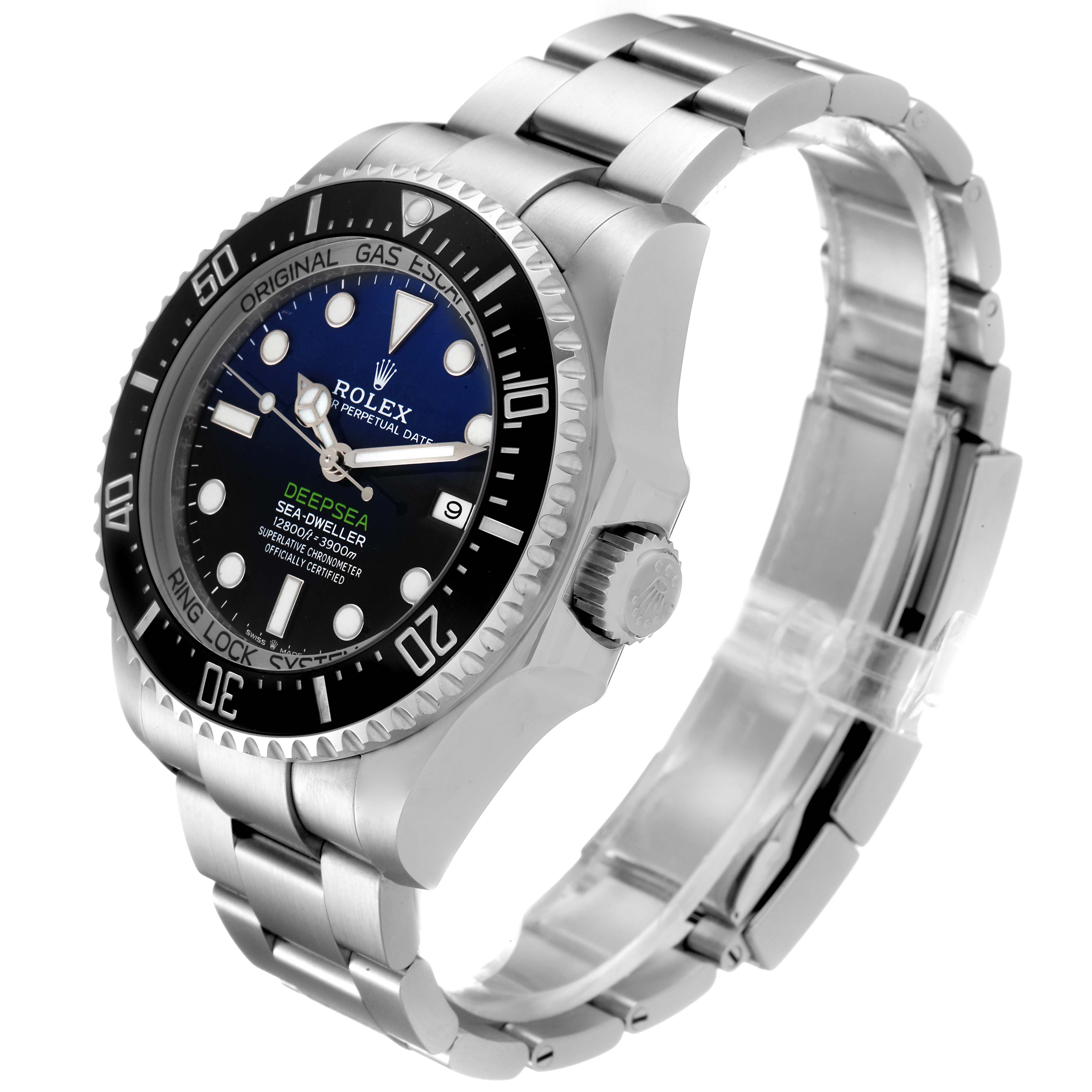 The image shows a side angle of the Rolex Sea-Dweller 126660 Men
s Stainless Steel Blue Dial 126660 Men
s Stainless Steel Blue Dial watch, highlighting its bezel, dial, bracelet, and crown.