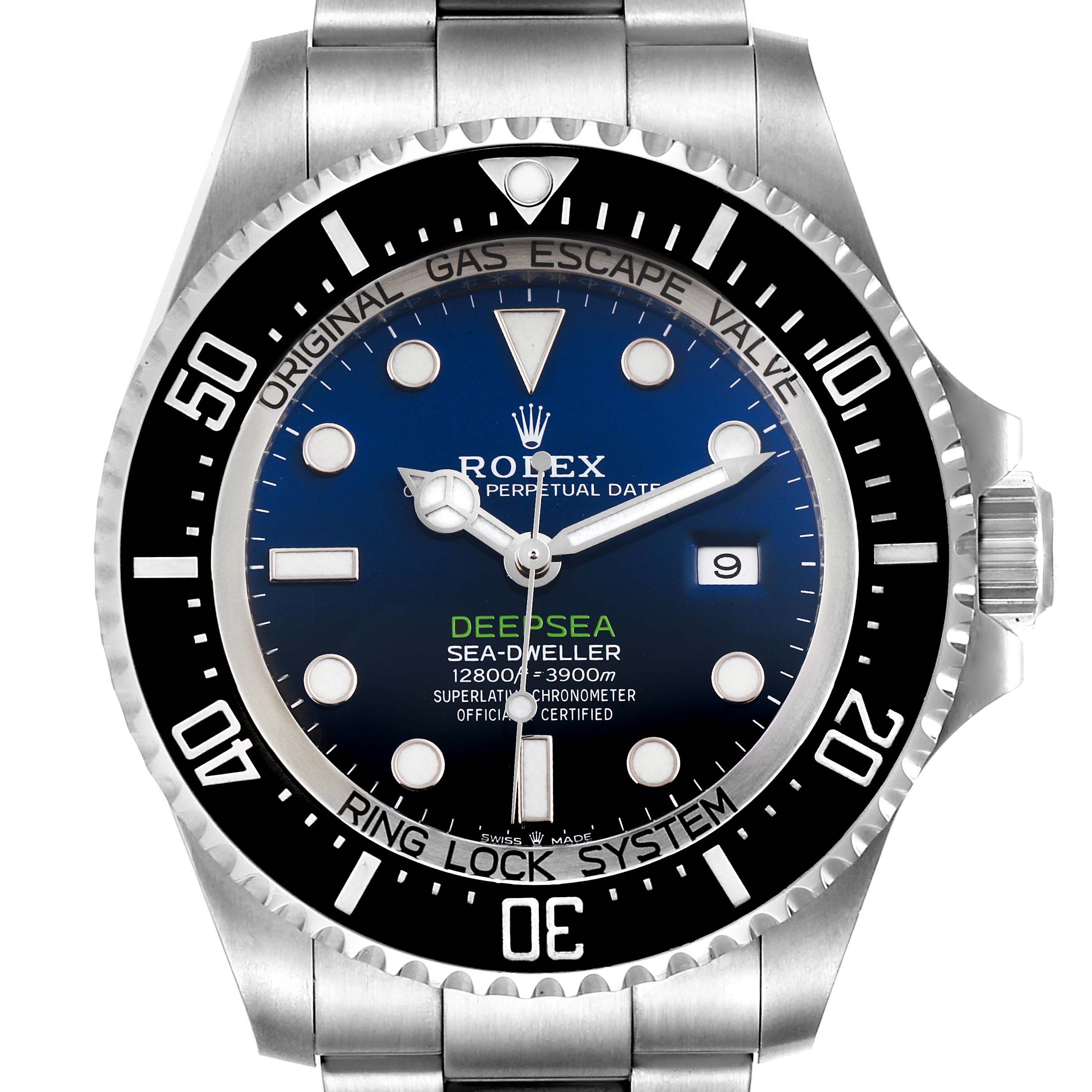 The image shows a front view of a Rolex Sea-Dweller 126660 Men
s Stainless Steel Blue Dial 126660 Men
s Stainless Steel Blue Dial Deepsea watch, highlighting the dial, bezel, and crown.