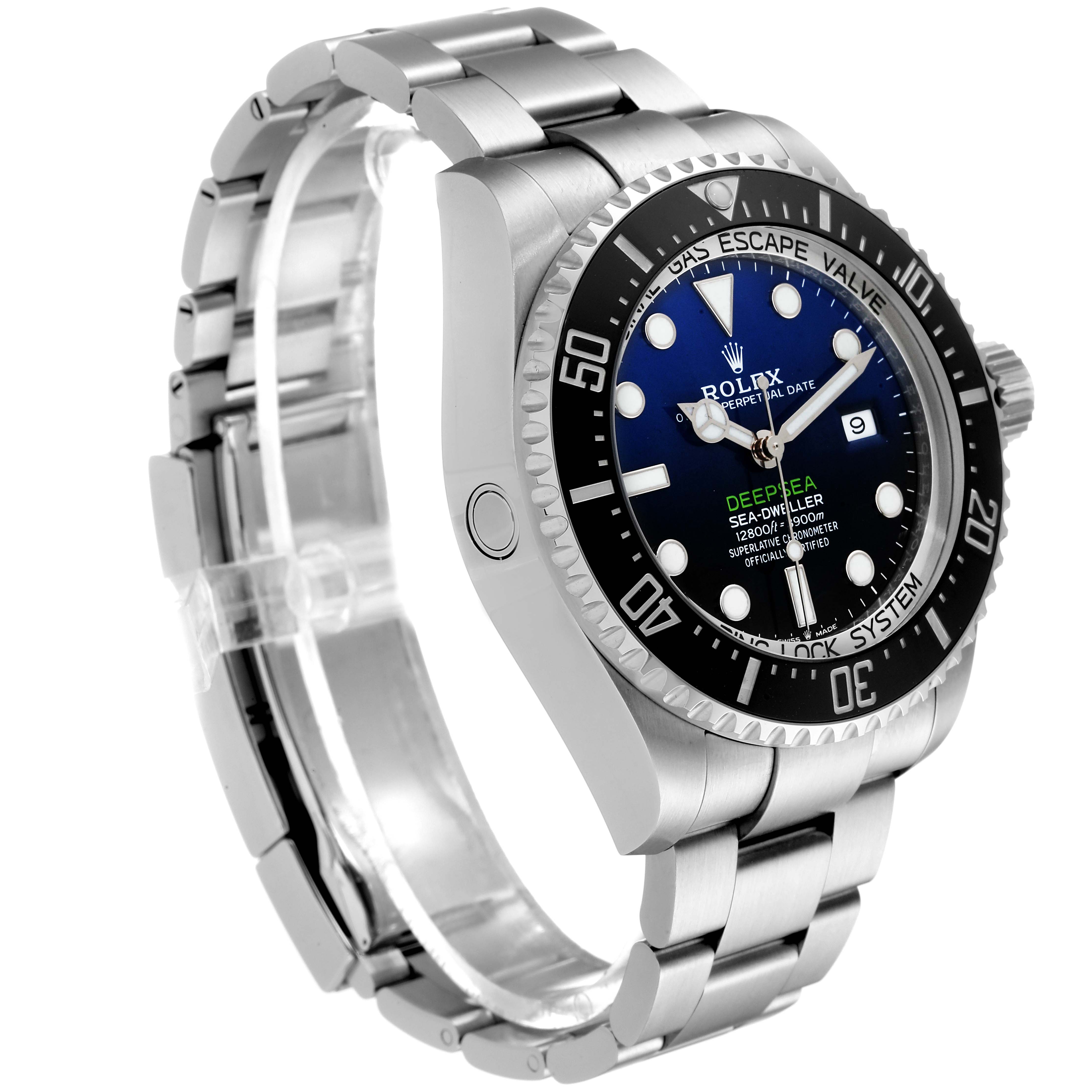 The image shows a side angle of a Rolex Sea-Dweller 126660 Men
s Stainless Steel Blue Dial 126660 Men
s Stainless Steel Blue Dial watch, displaying the face, bezel, case, and bracelet.