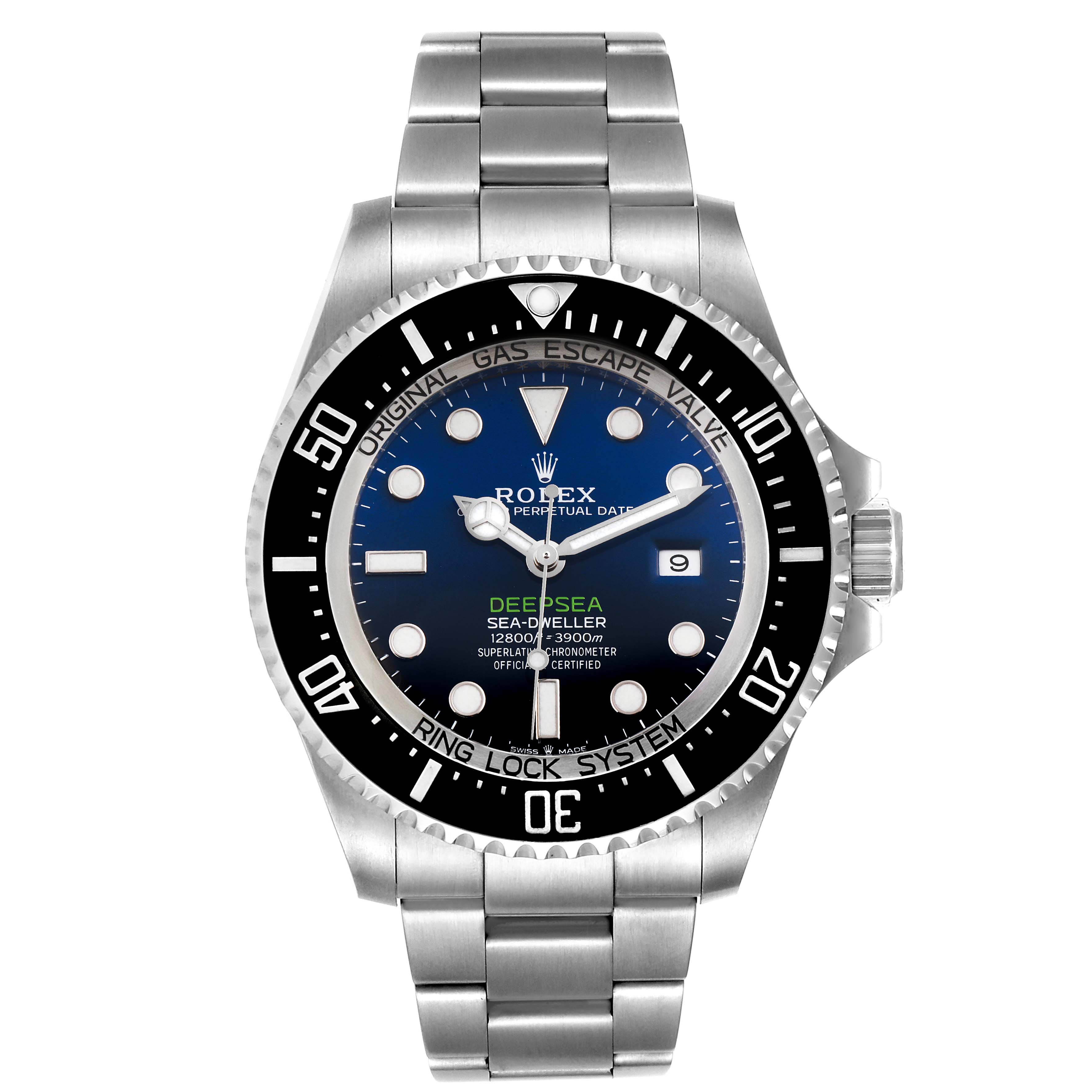 This image shows a front angle view of the Rolex Sea-Dweller 126660 Men
s Stainless Steel Blue Dial 126660 Men
s Stainless Steel Blue Dial watch, highlighting its face, bezel, and bracelet.