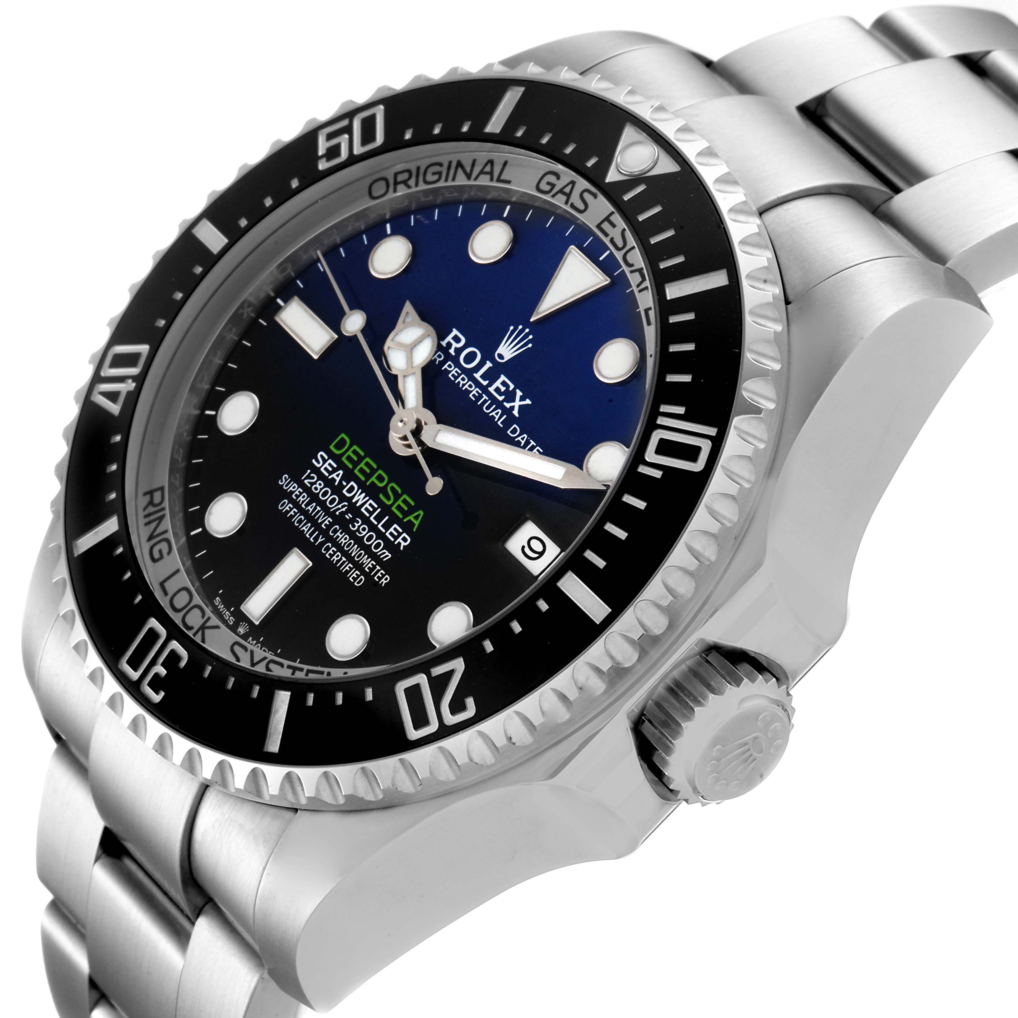 The image shows a close-up angle of a Rolex Sea-Dweller 126660 Men
s Stainless Steel Blue Dial 126660 Men
s Stainless Steel Blue Dial watch, highlighting the dial, bezel, and part of the metal bracelet.