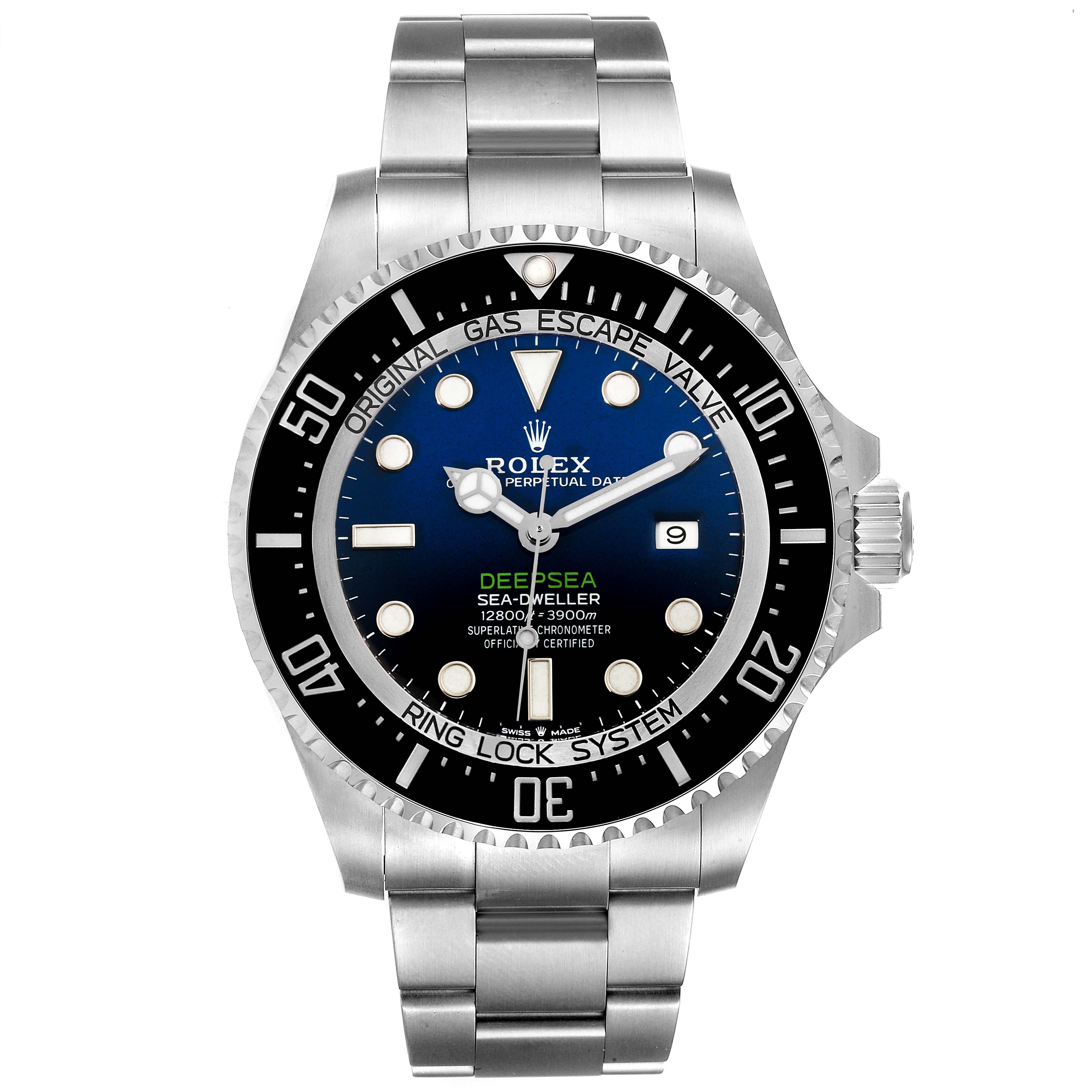 The image shows a front view of the Rolex Sea-Dweller 126660 Men's Stainless Steel Blue Dial 126660 Men's Stainless Steel Blue Dial Deepsea watch, including the bezel, dial, and bracelet.