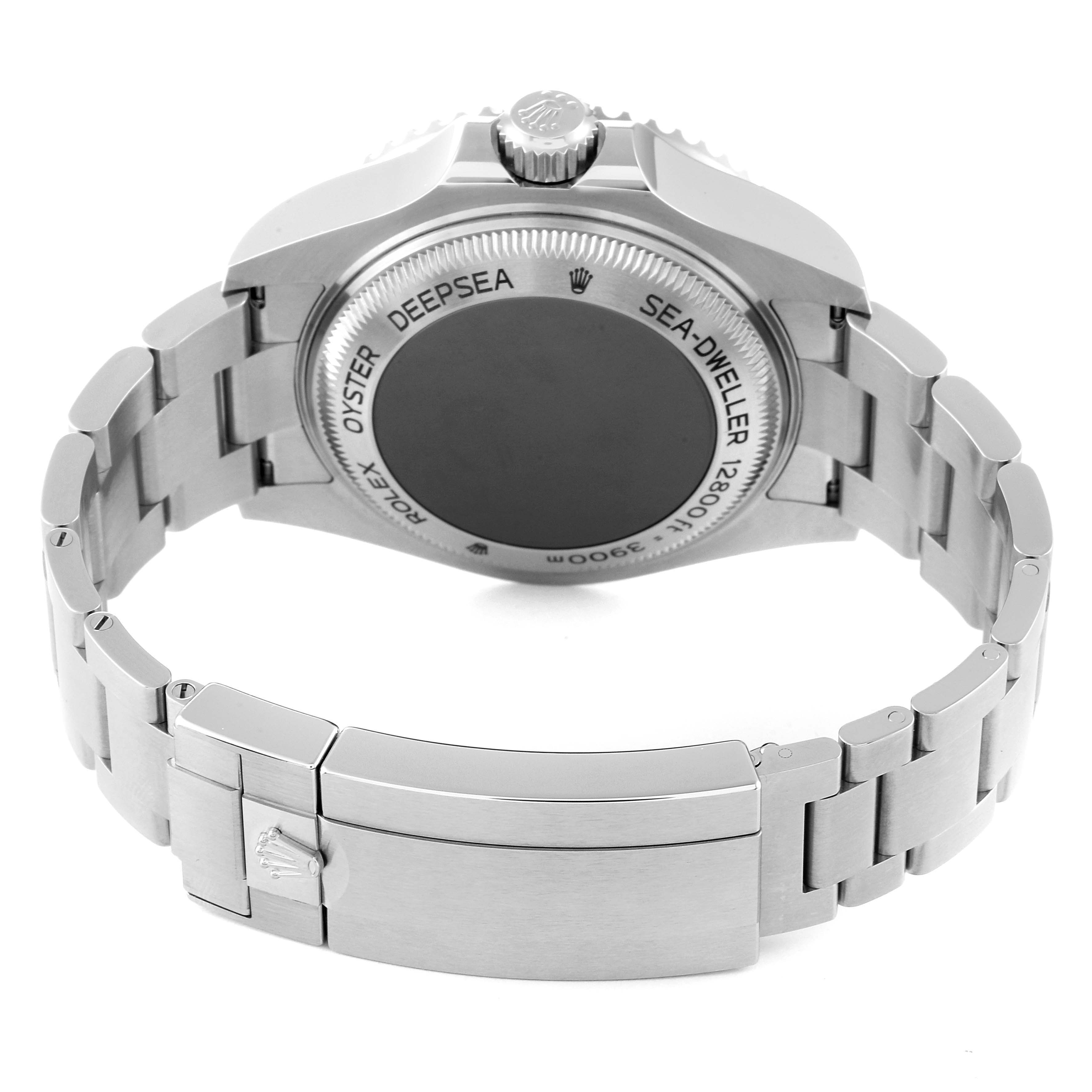 The image shows the back and bracelet of a Rolex Sea-Dweller 126660 Men's Stainless Steel Blue Dial 126660 Men's Stainless Steel Blue Dial, including the case back engravings and clasp.