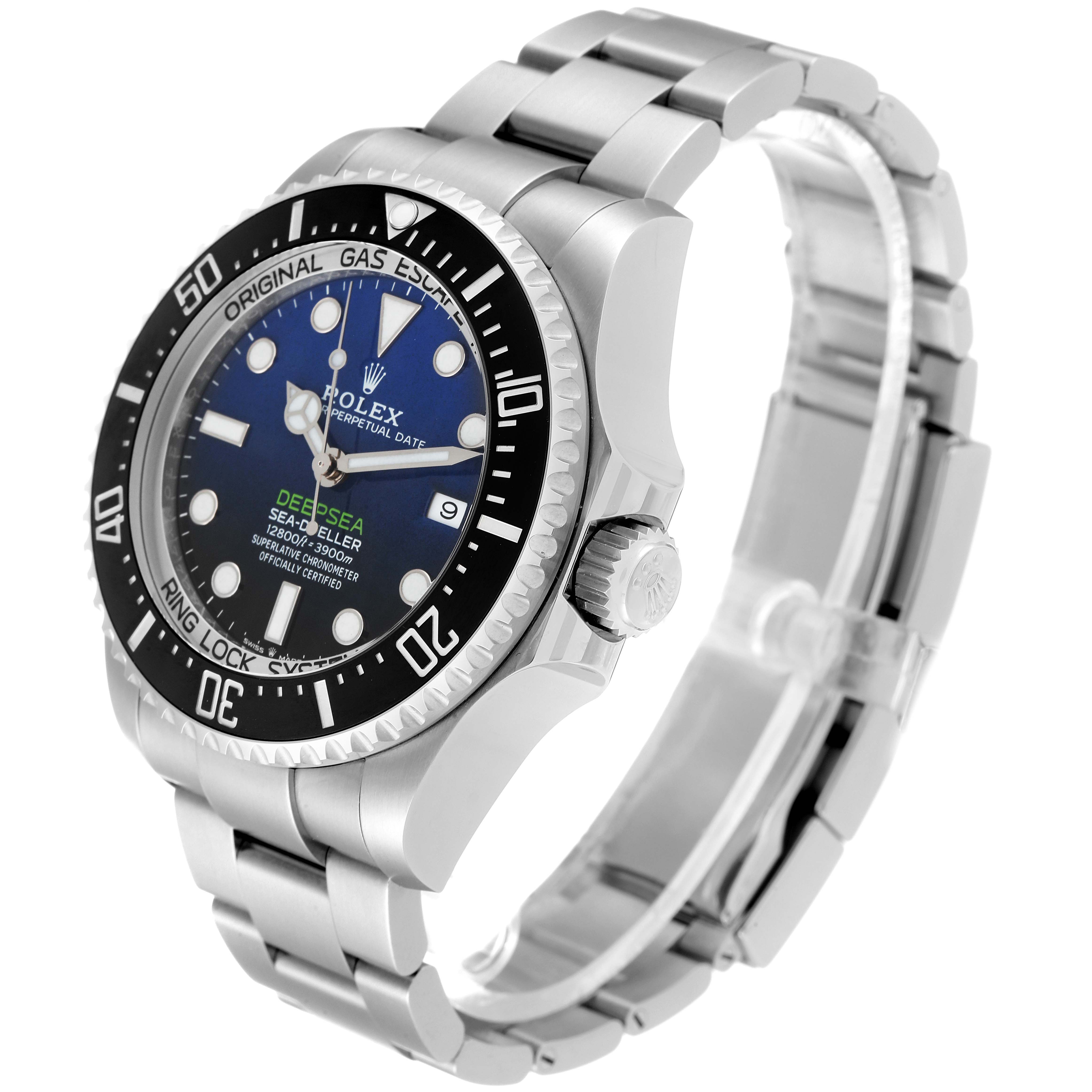 The Rolex Sea-Dweller 126660 Men's Stainless Steel Blue Dial 126660 Men's Stainless Steel Blue Dial watch is shown at an angled front view, highlighting its face, bezel, crown, and bracelet.
