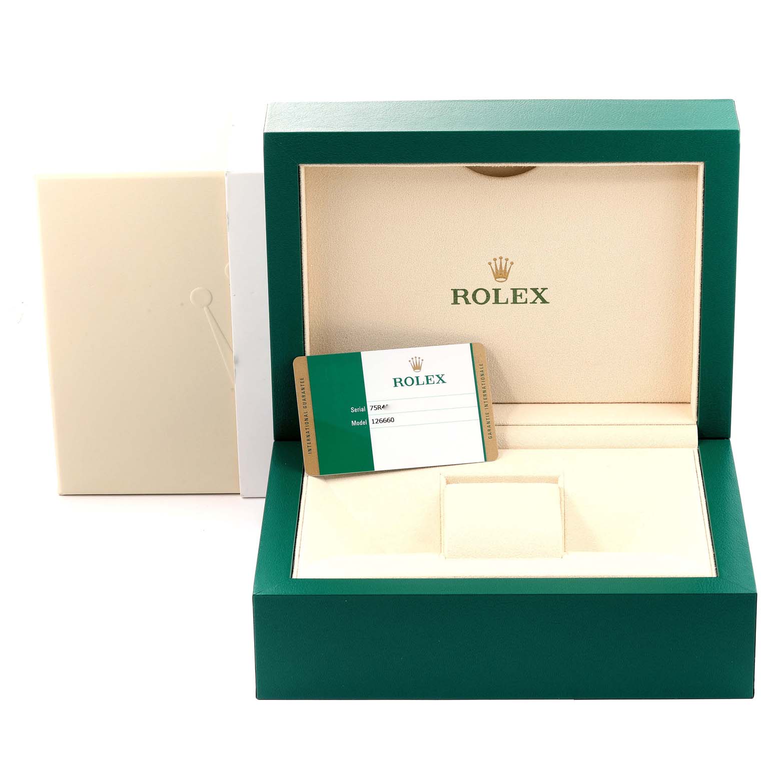 This image shows the box and warranty card of a Rolex Sea-Dweller 126660 Men's Stainless Steel Blue Dial 126660 Men's Stainless Steel Blue Dial watch.