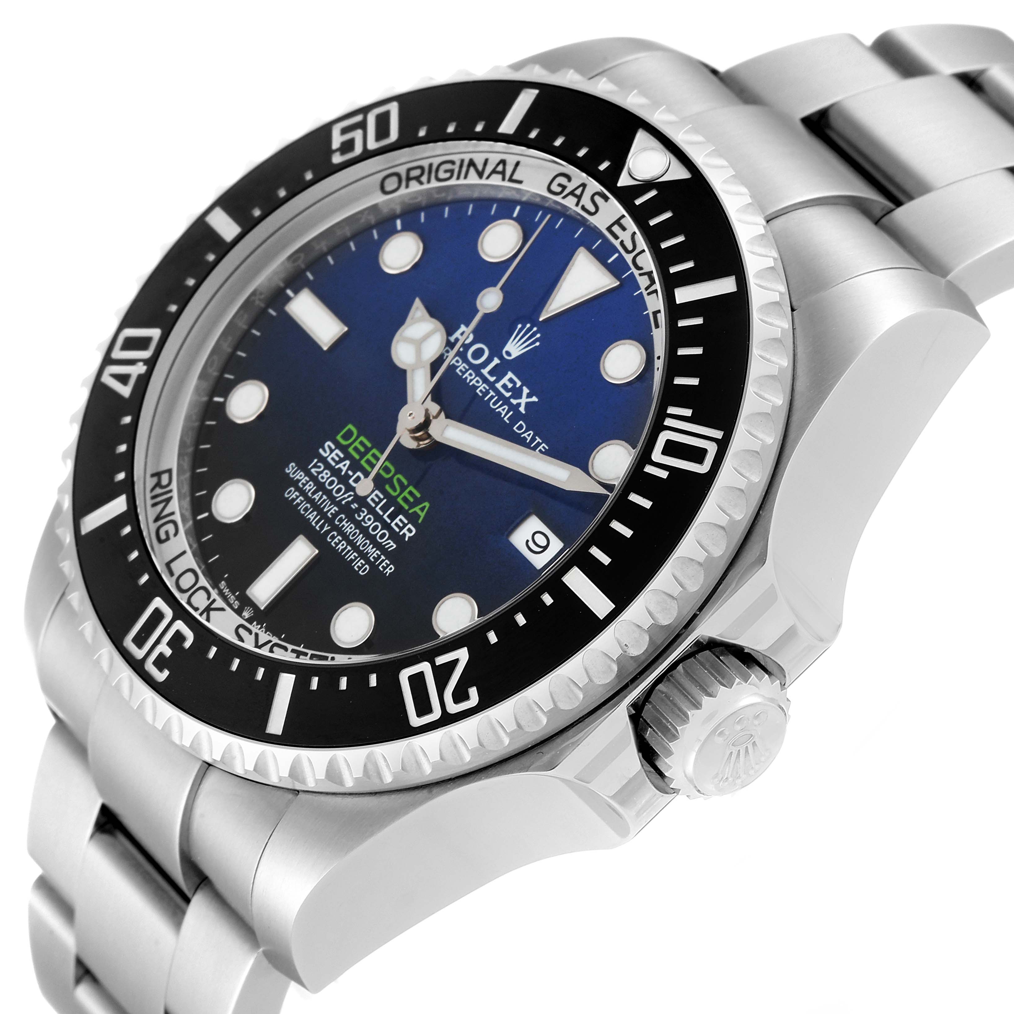 The image shows the Rolex Sea-Dweller 126660 Men's Stainless Steel Blue Dial 126660 Men's Stainless Steel Blue Dial watch at an angled close-up, highlighting the dial, bezel, and crown.