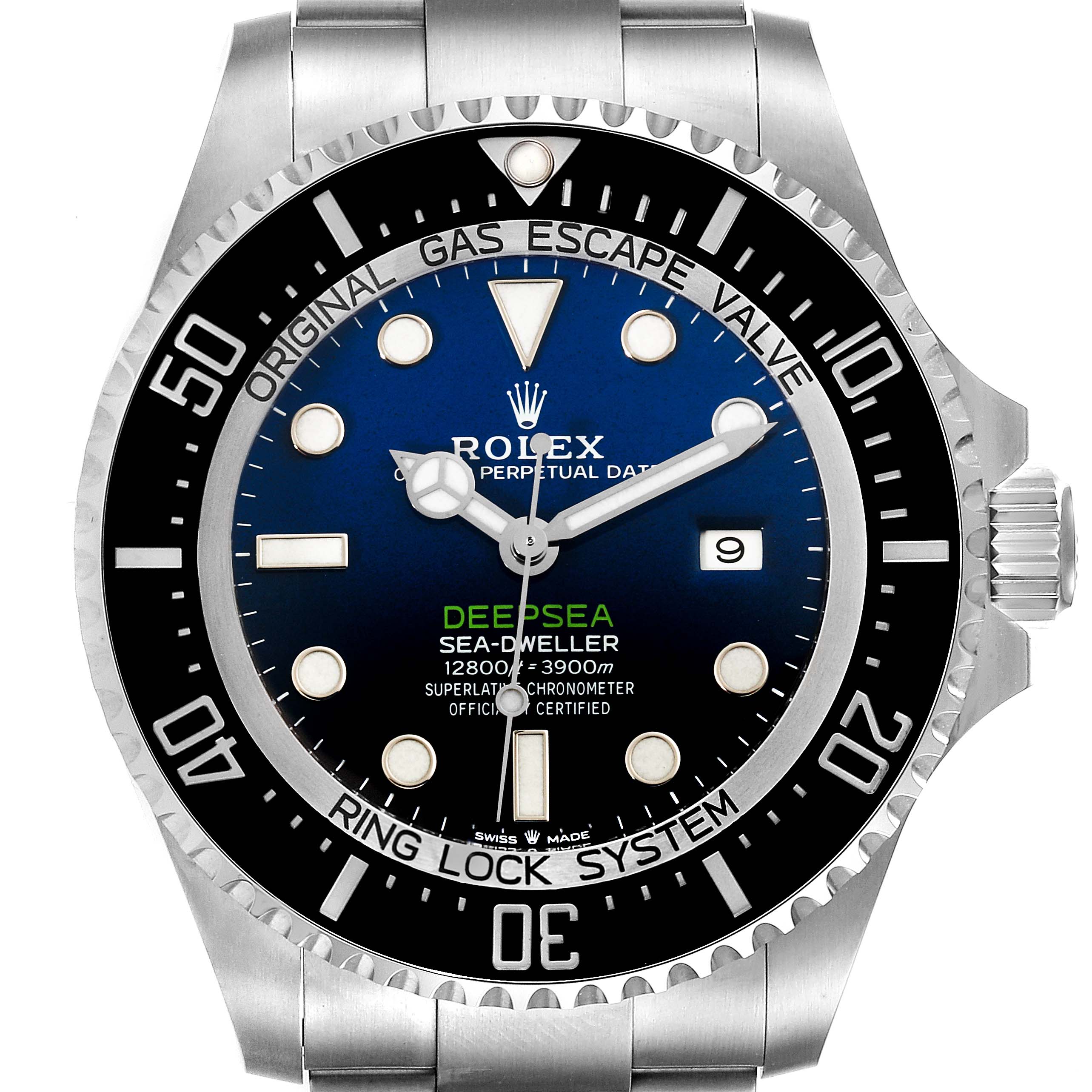 This is a front view of a Rolex Sea-Dweller 126660 Men's Stainless Steel Blue Dial 126660 Men's Stainless Steel Blue Dial watch, showing the dial, bezel, and part of the stainless steel bracelet.