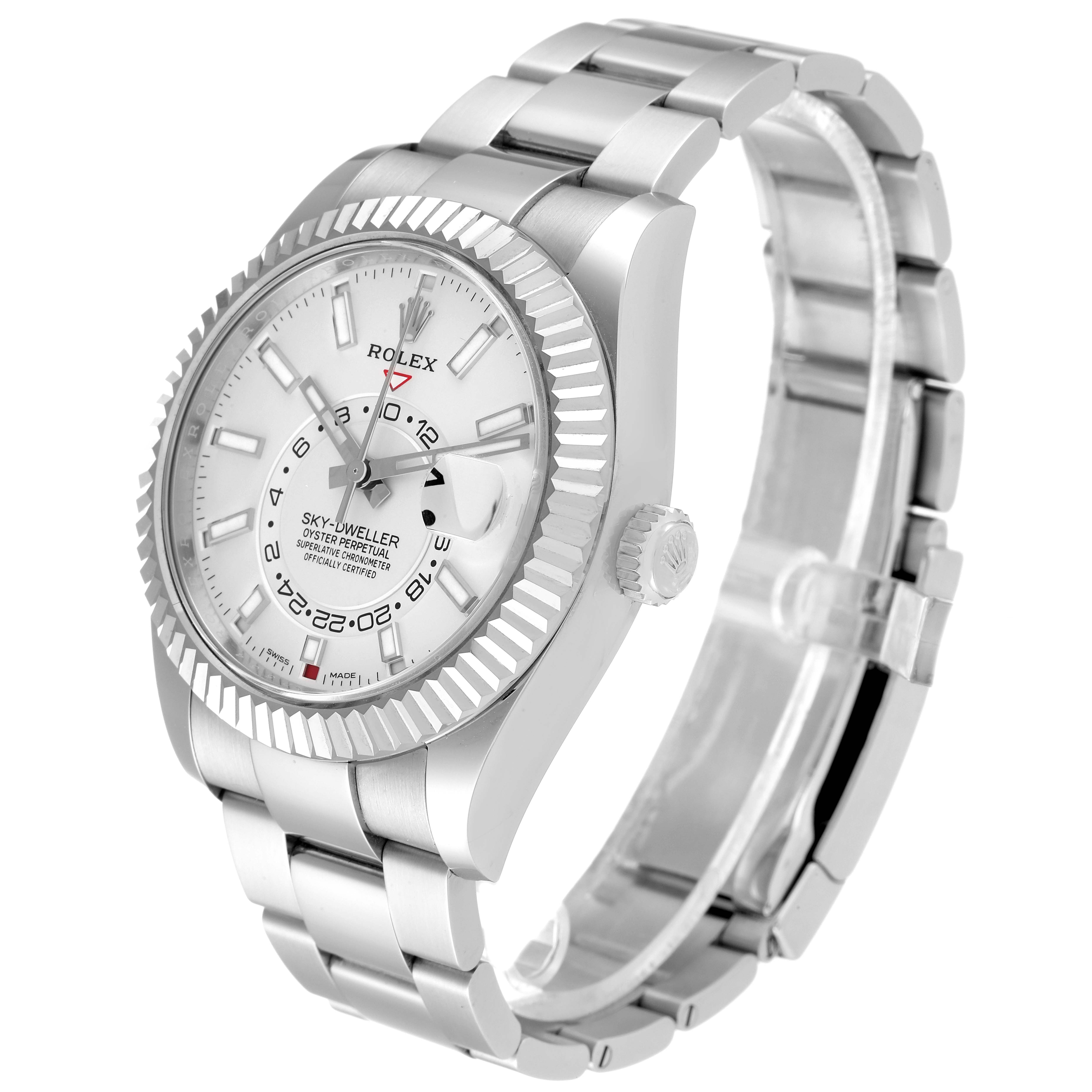The image shows a Rolex Sky-Dweller 326934 Men's Stainless Steel White Dial 326934 Men's Stainless Steel White Dial watch at an angle highlighting its face, bezel, crown, and bracelet.