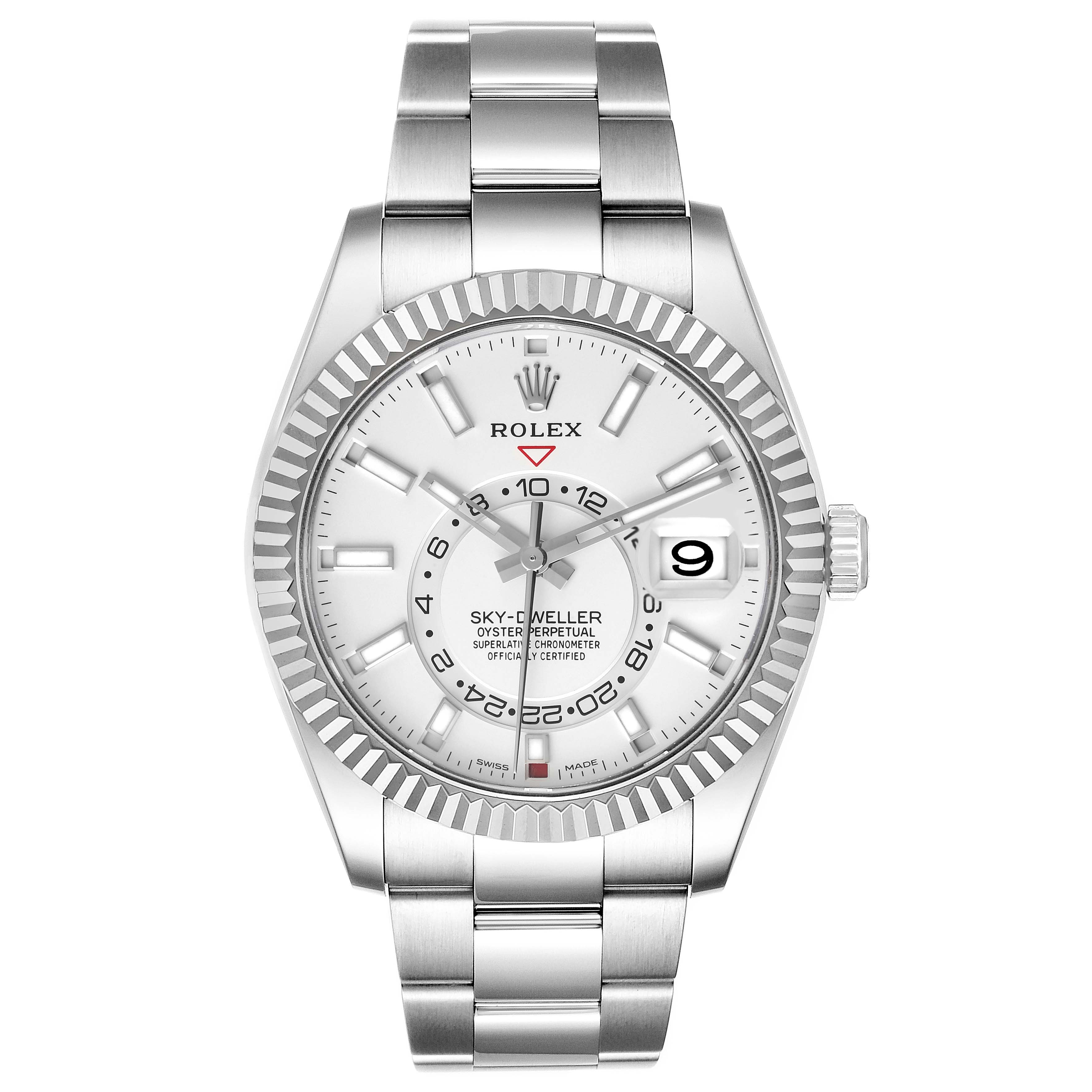 The image shows a front view of a Rolex Sky-Dweller 326934 Men's Stainless Steel White Dial 326934 Men's Stainless Steel White Dial watch, displaying its dial, bezel, and bracelet.