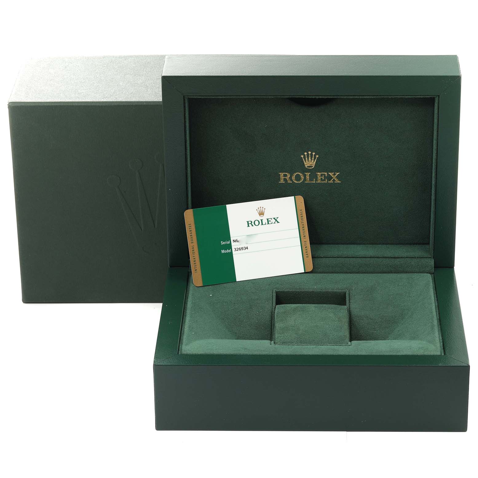 This is an angled view of a Rolex Sky-Dweller 326934 Men's Stainless Steel White Dial 326934 Men's Stainless Steel White Dial watch box and an authenticity card inside the box.