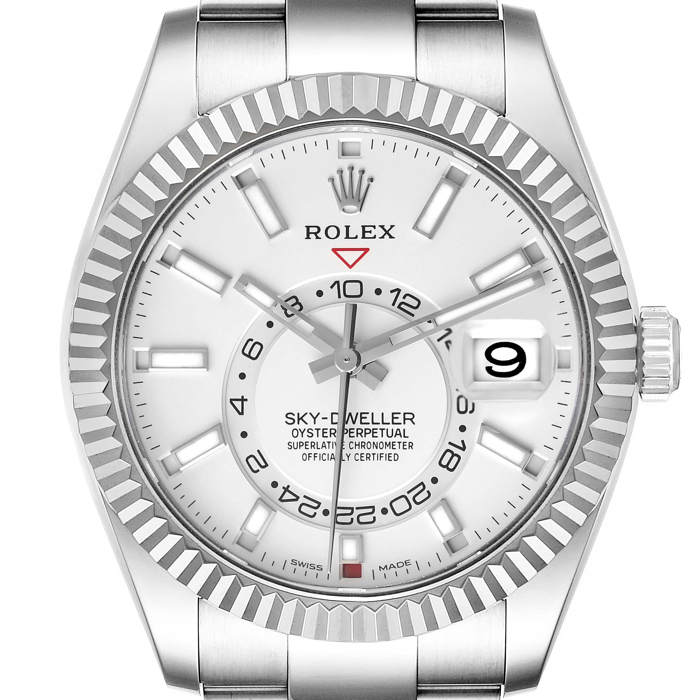 The image shows a front view of the Rolex Sky-Dweller 326934 Men's Stainless Steel White Dial 326934 Men's Stainless Steel White Dial watch displaying its silver dial, fluted bezel, and date window.