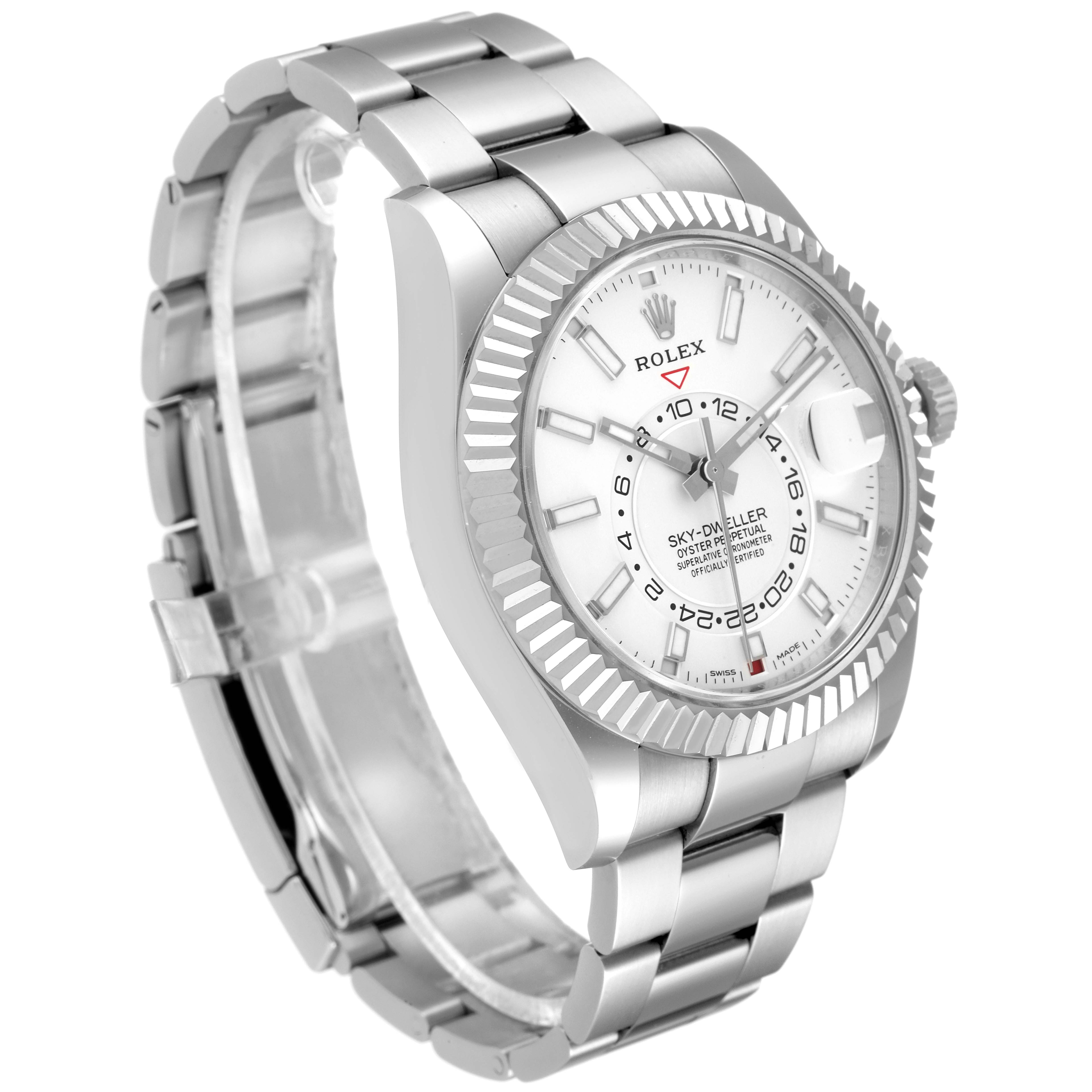 The image shows a side angle of the Rolex Sky-Dweller 326934 Men's Stainless Steel White Dial 326934 Men's Stainless Steel White Dial watch, highlighting the bracelet, case, and face.