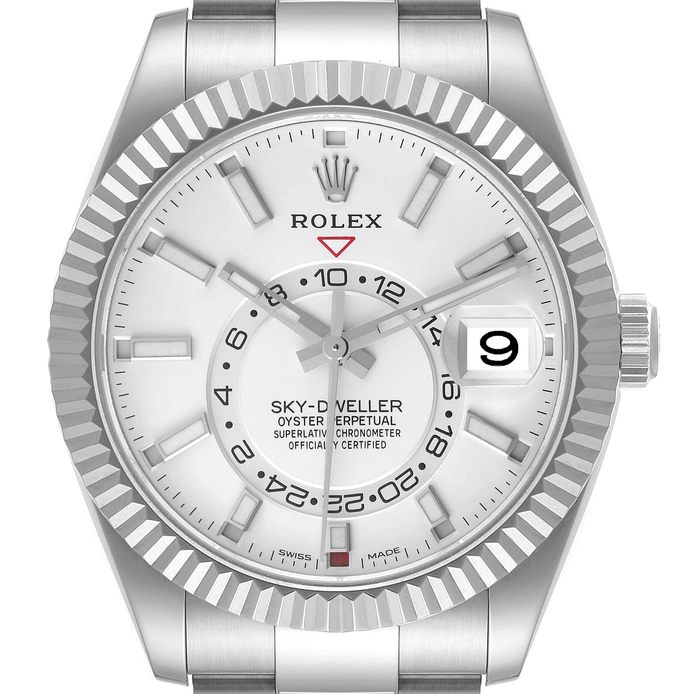 The image shows a front view of a Rolex Sky-Dweller 326934 Men's Stainless Steel White Dial 326934 Men's Stainless Steel White Dial watch, highlighting its face, bezel, and part of the bracelet.