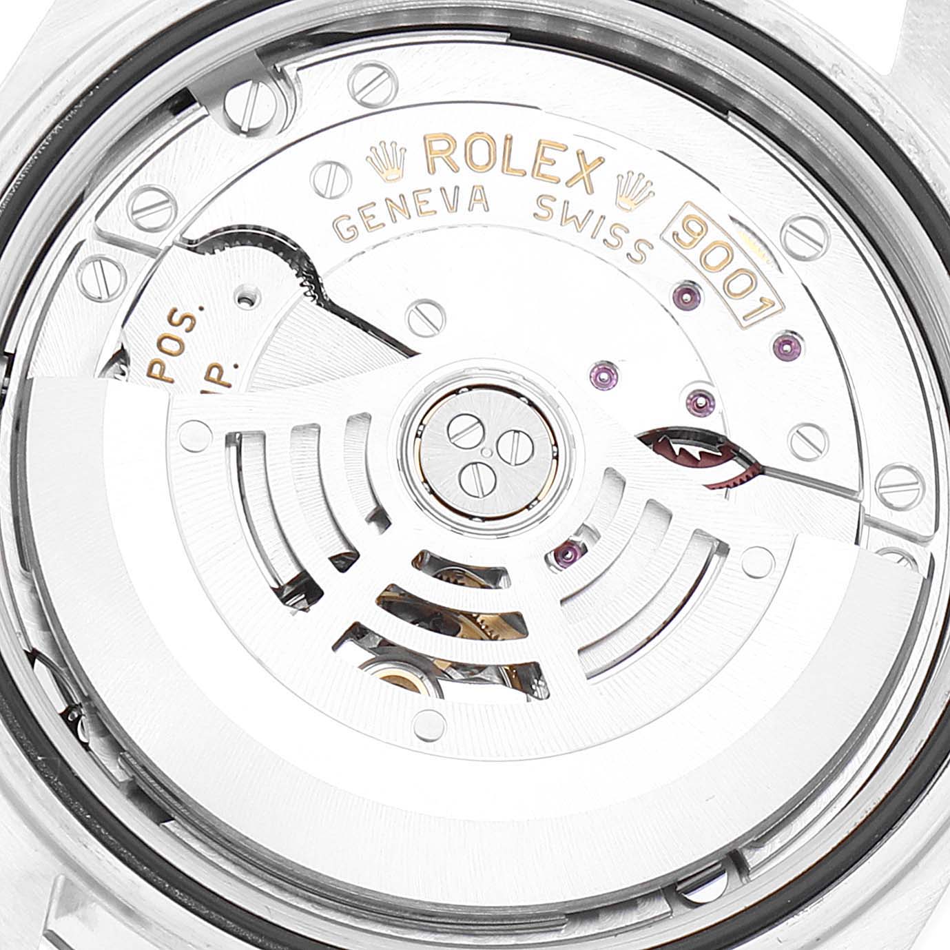 The image shows a close-up of the Rolex Sky-Dweller 326934 Men's Stainless Steel White Dial 326934 Men's Stainless Steel White Dial's movement from the back, highlighting its intricate mechanical components.