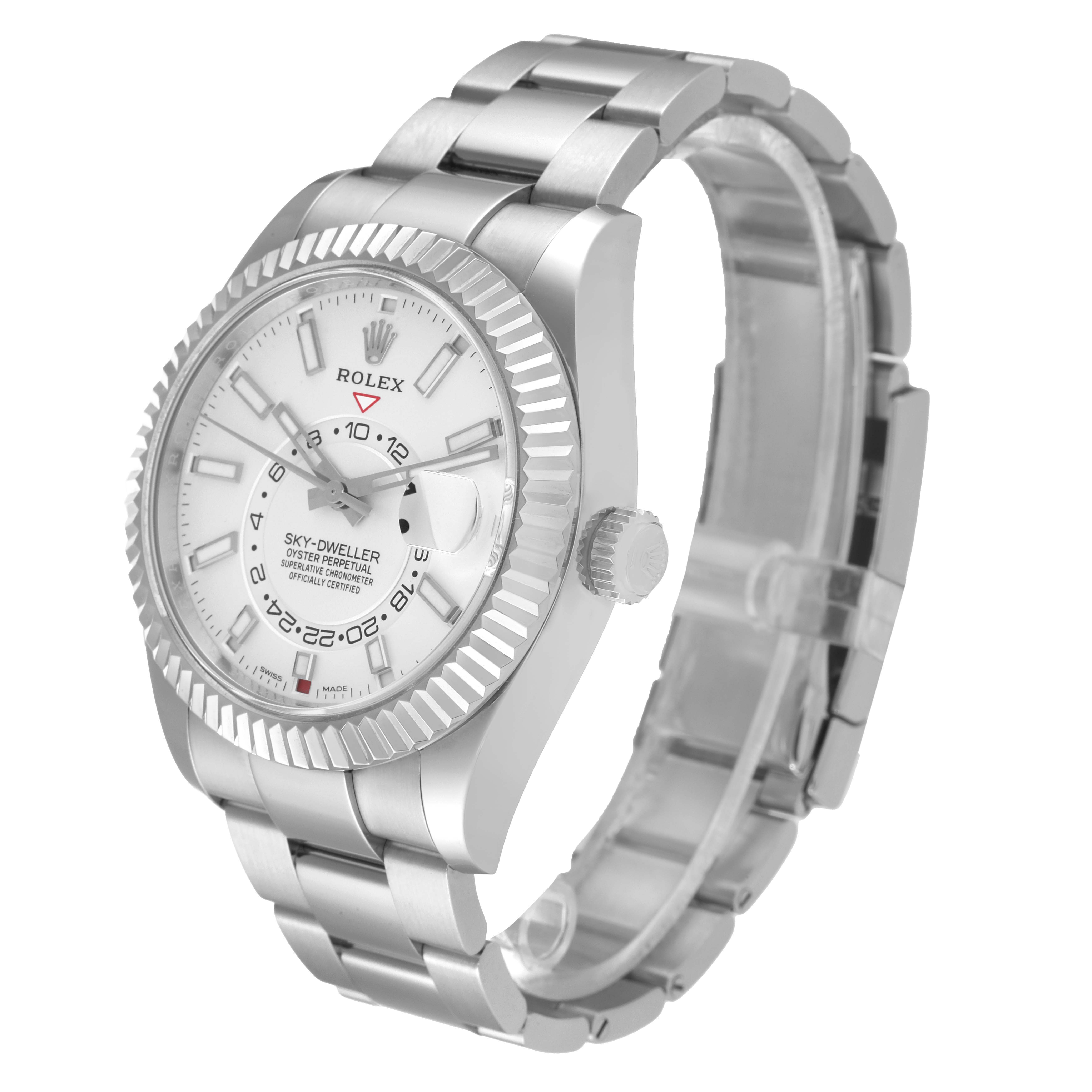 This image shows a Rolex Sky-Dweller 326934 Men's Stainless Steel White Dial 326934 Men's Stainless Steel White Dial watch at a three-quarter angle, highlighting its case, dial, bezel, and bracelet.