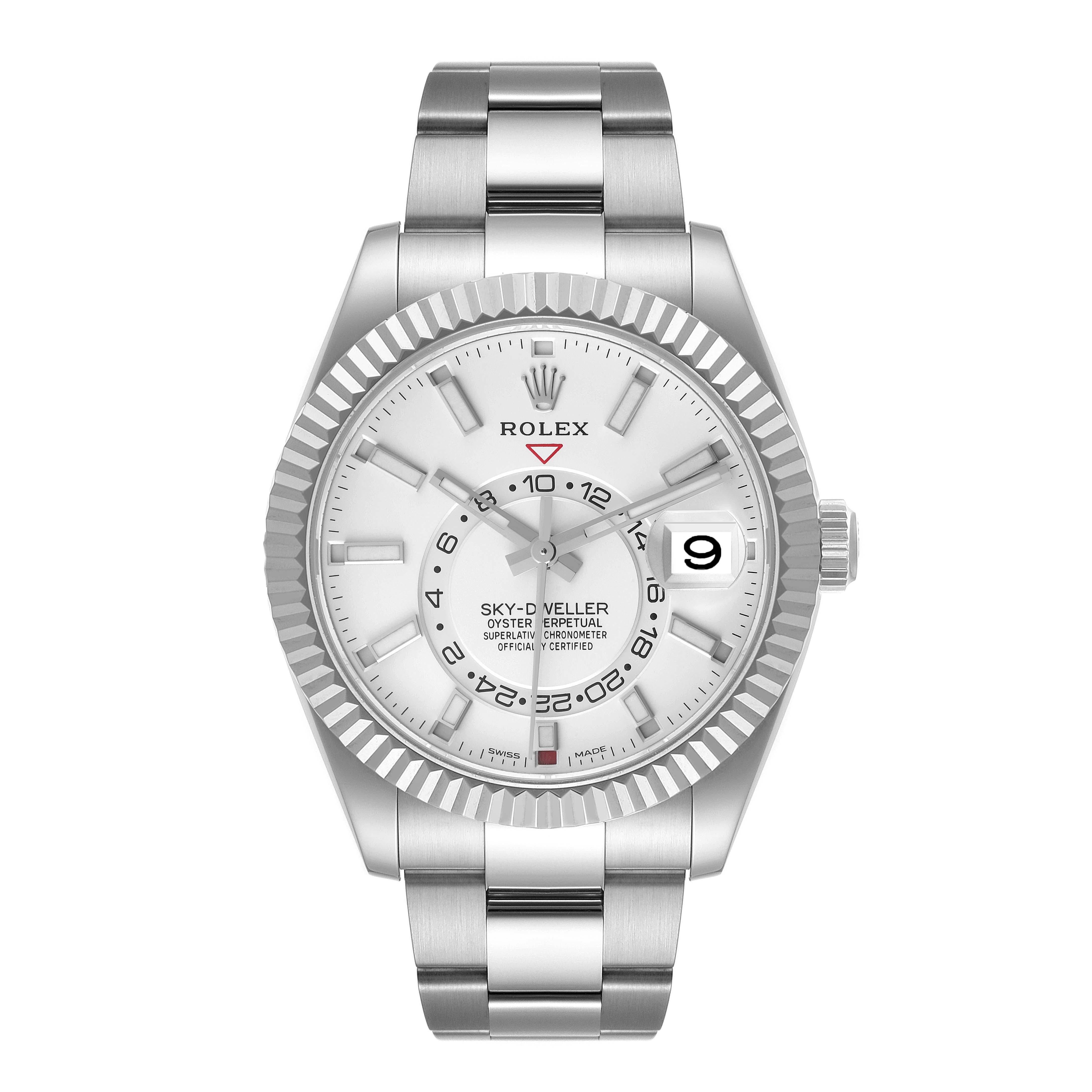 The image shows a front view of a Rolex Sky-Dweller 326934 Men's Stainless Steel White Dial 326934 Men's Stainless Steel White Dial watch, showcasing its dial, bezel, and bracelet.
