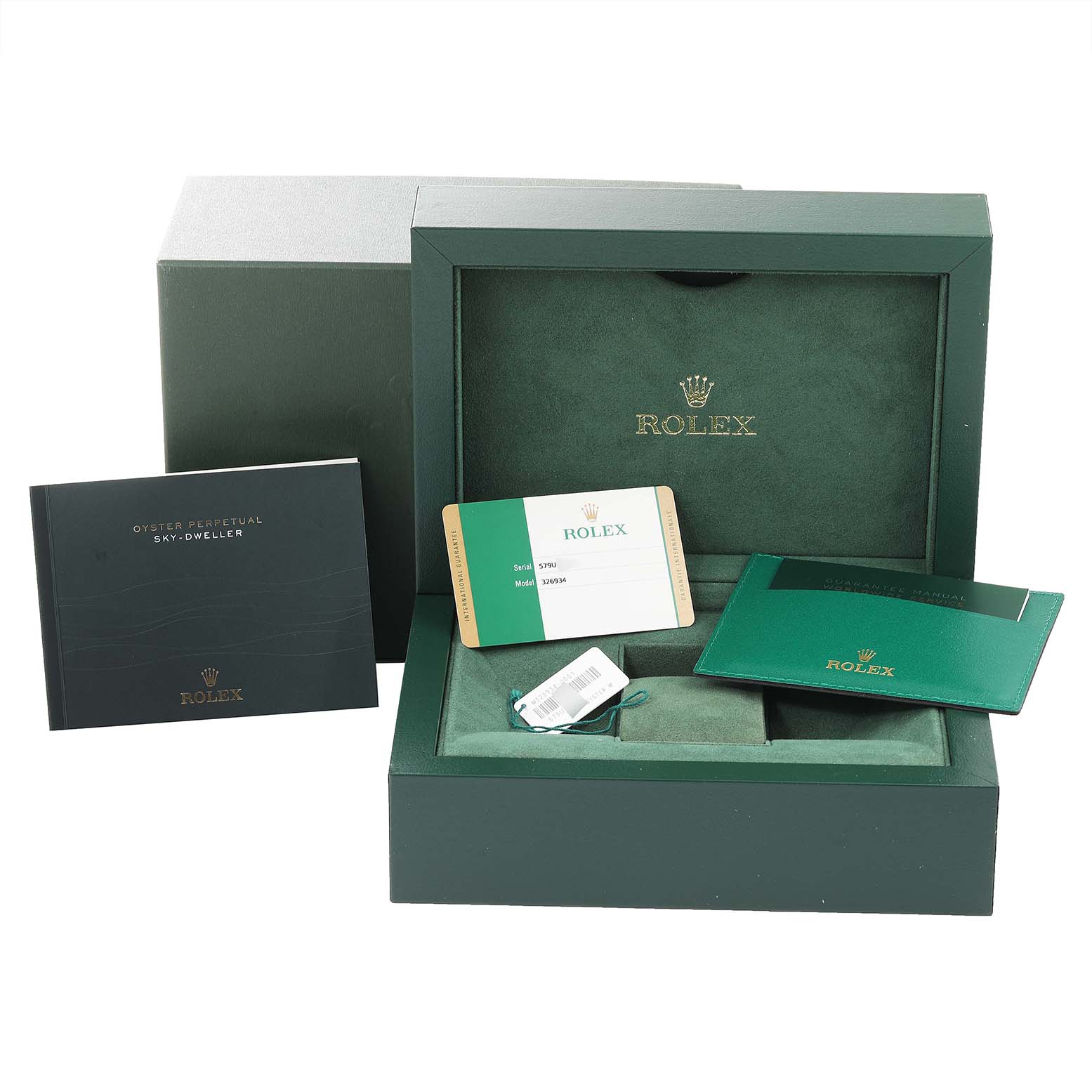 The image shows a Rolex Sky-Dweller 326934 Men's Stainless Steel White Dial 326934 Men's Stainless Steel White Dial watch box, warranty card, booklet, and tags from a front angle.