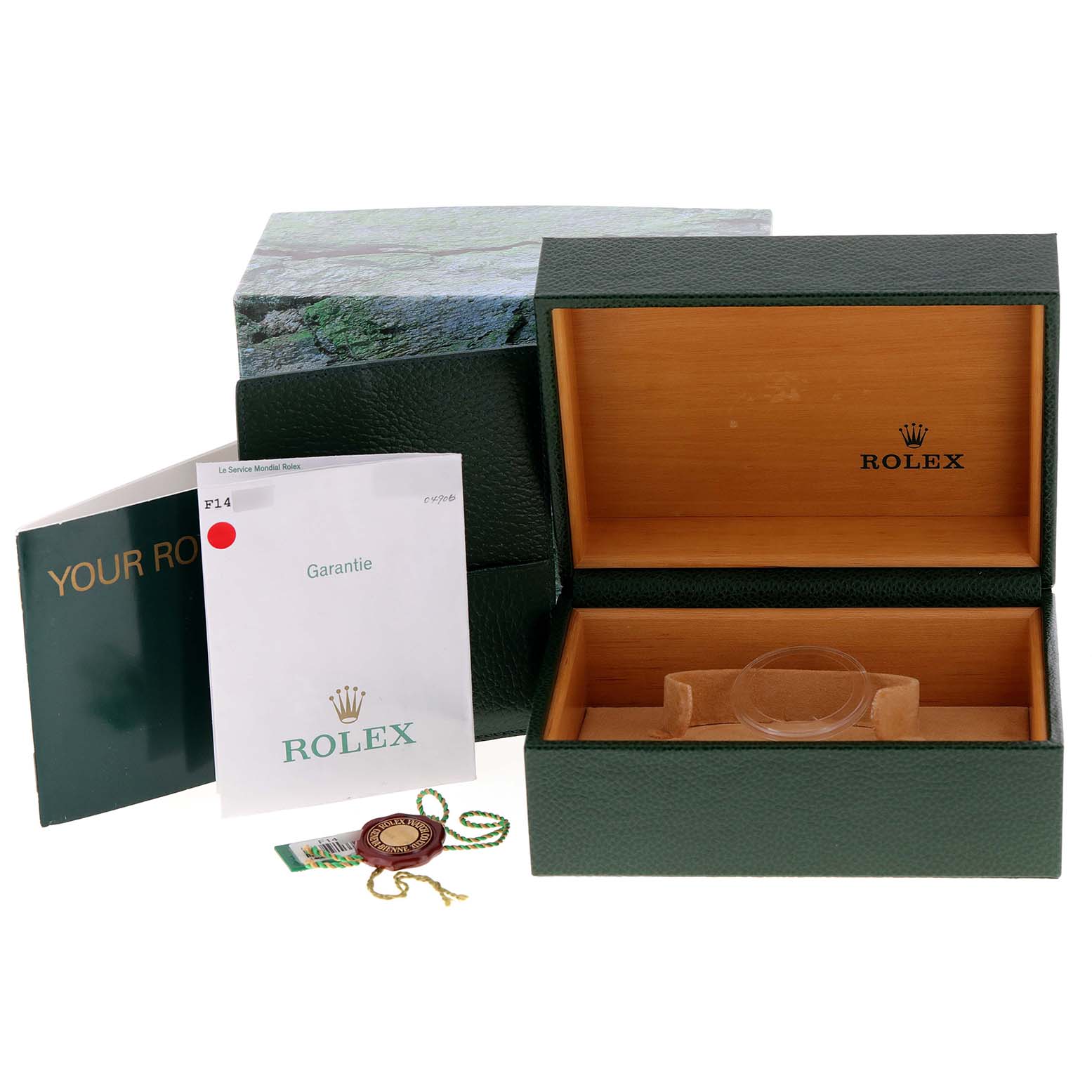 The image shows the packaging, warranty card, booklet, and accessories of a Rolex Submariner 14060 Men
s Stainless Steel Black Dial 14060 Men
s Stainless Steel Black Dial watch.