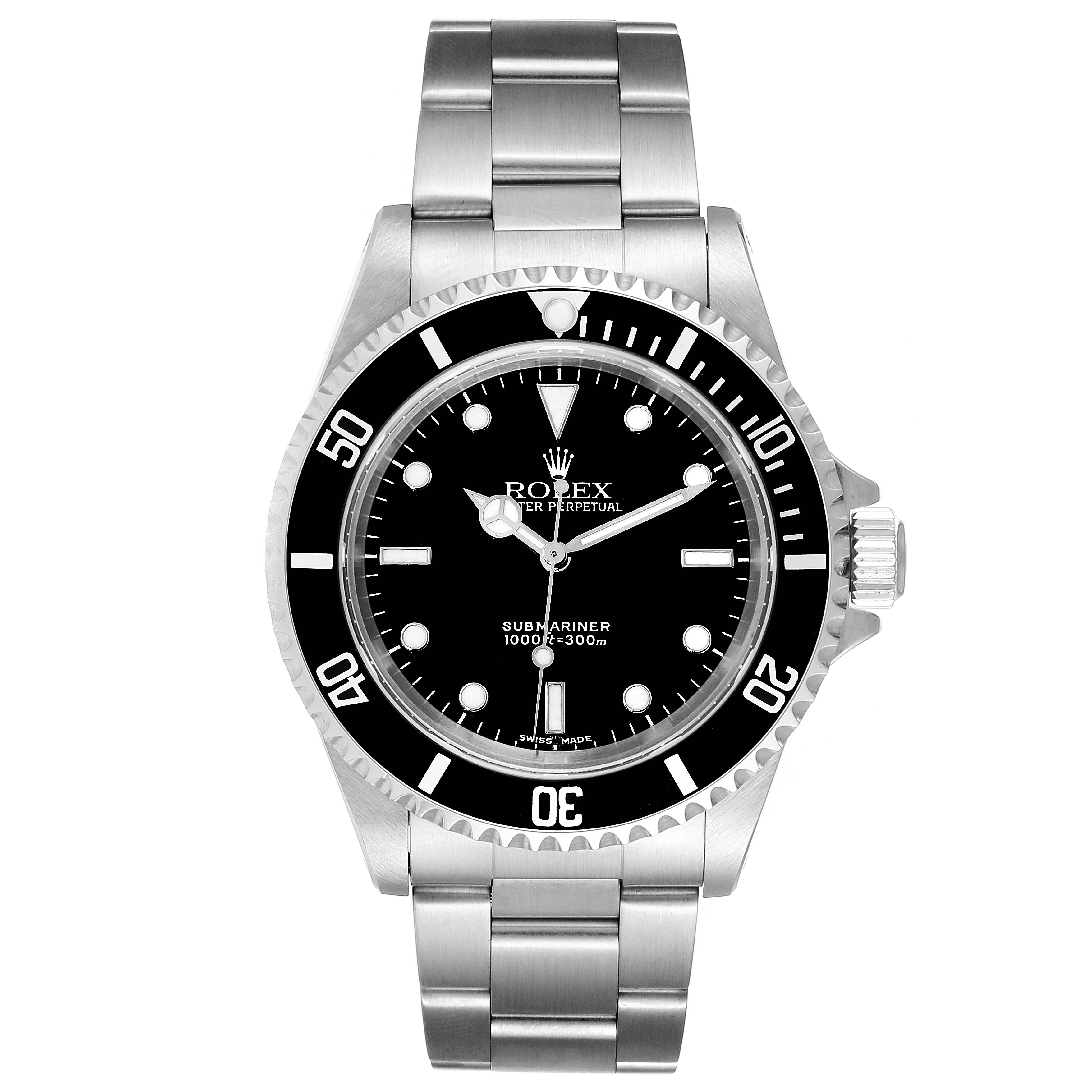 This is a front view of a Rolex Submariner 14060 Men
s Stainless Steel Black Dial 14060 Men
s Stainless Steel Black Dial watch, showing the dial, bezel, case, and bracelet.
