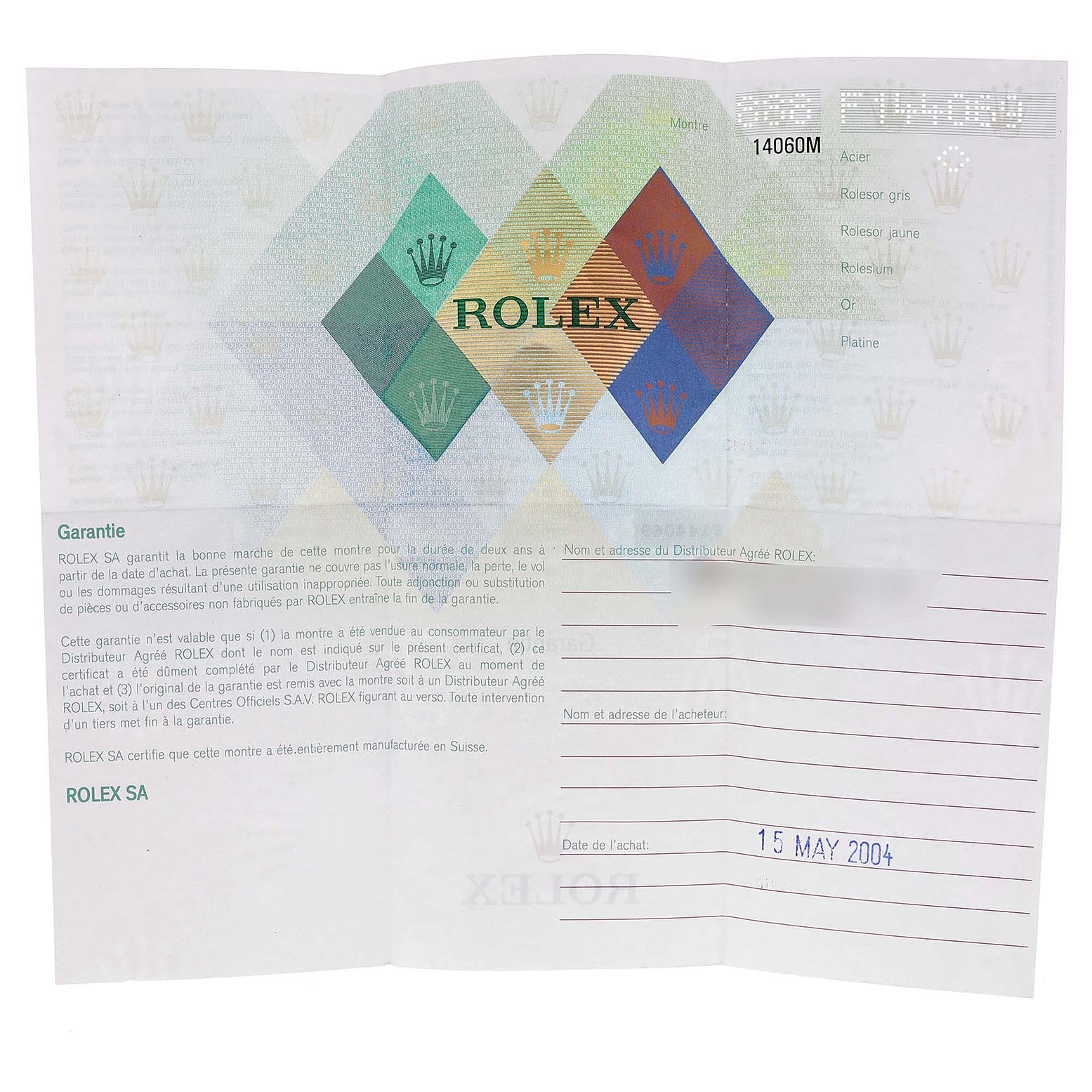 The image shows a warranty card for a Rolex Submariner 14060 Men
s Stainless Steel Black Dial 14060 Men
s Stainless Steel Black Dial model, numbered 14060M, dated 15 May 2004.
