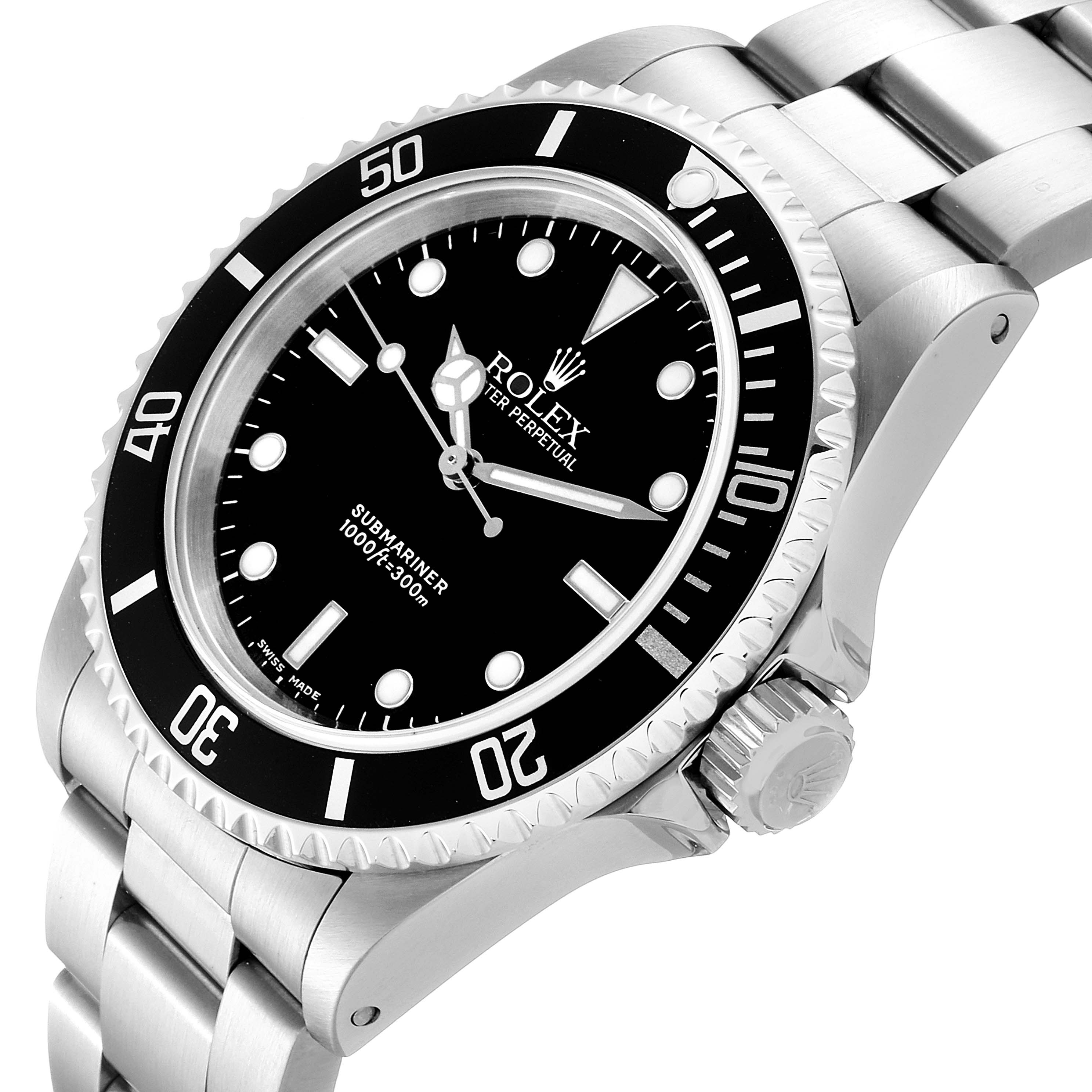 The image shows a Rolex Submariner 14060 Men
s Stainless Steel Black Dial 14060 Men
s Stainless Steel Black Dial watch at a three-quarter angle, highlighting the dial, bezel, and part of the bracelet.