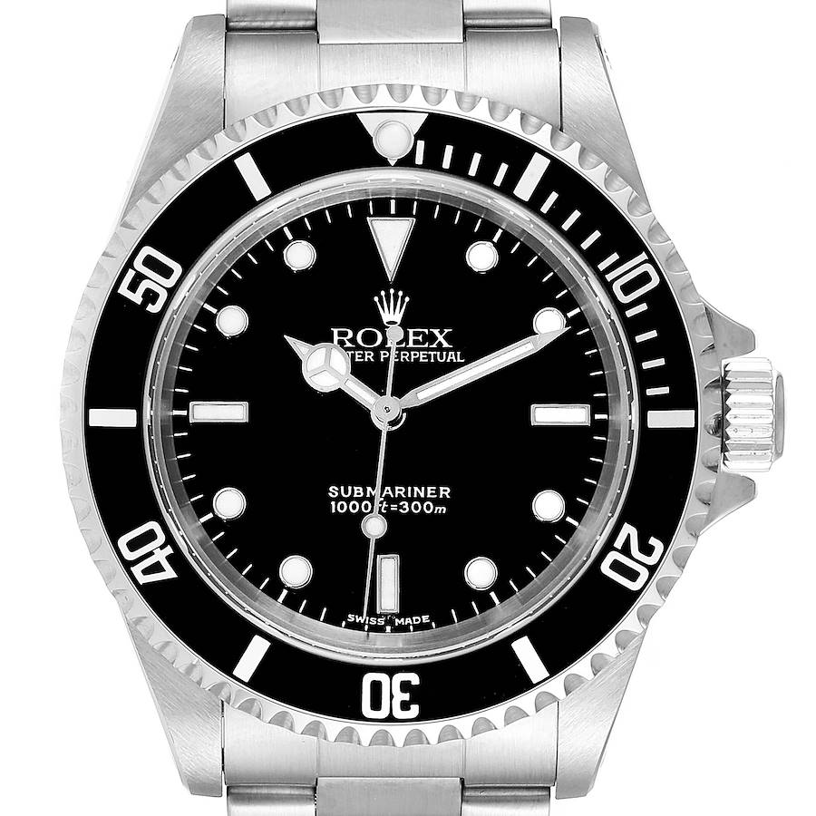 This image shows a front view of the Rolex Submariner watch displaying its face, bezel, crown, and part of the bracelet.