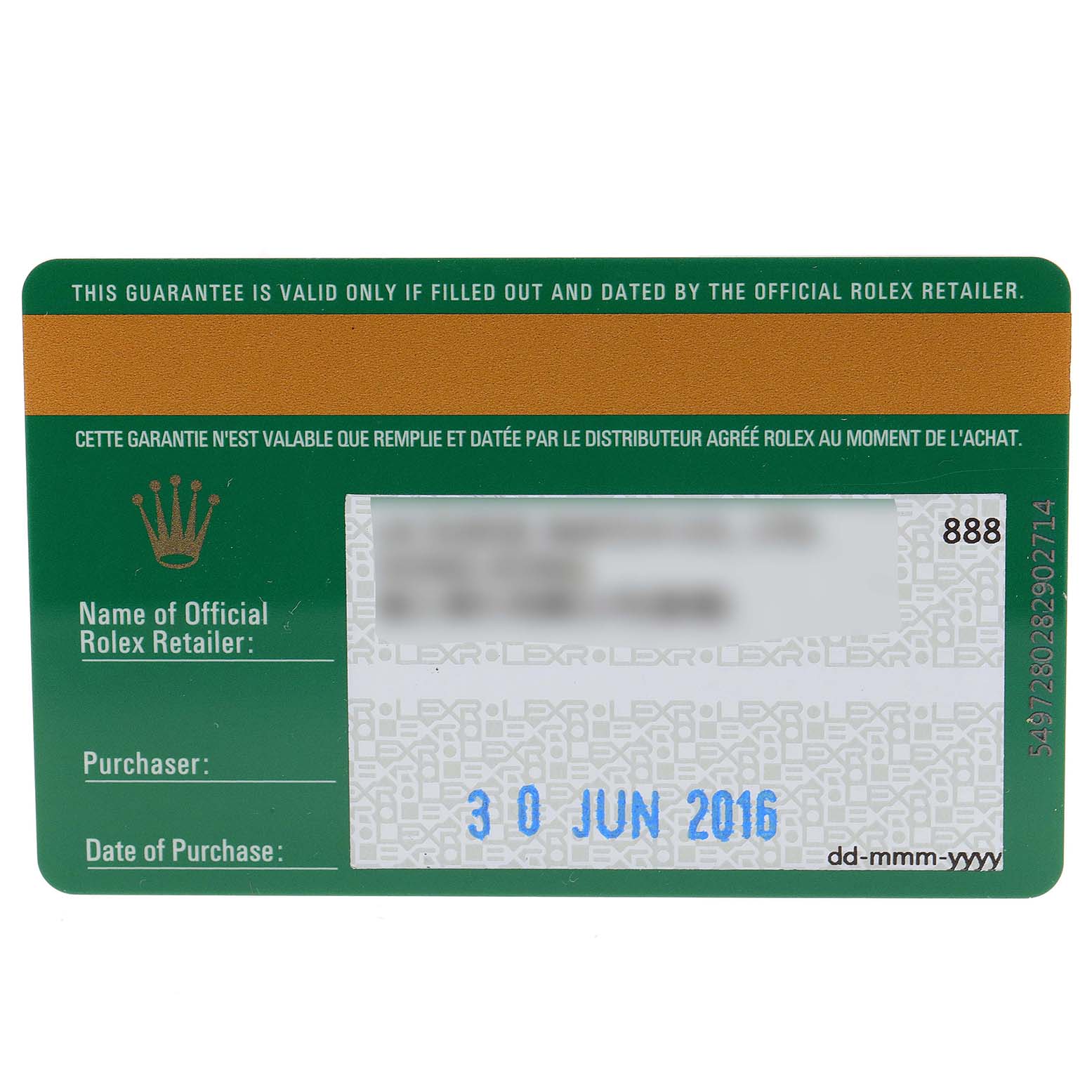 The image shows a warranty card for the Rolex Submariner 116610LN Men
s Stainless Steel Black Dial 116610LN Men
s Stainless Steel Black Dial, detailing retailer, purchaser, and purchase date information.