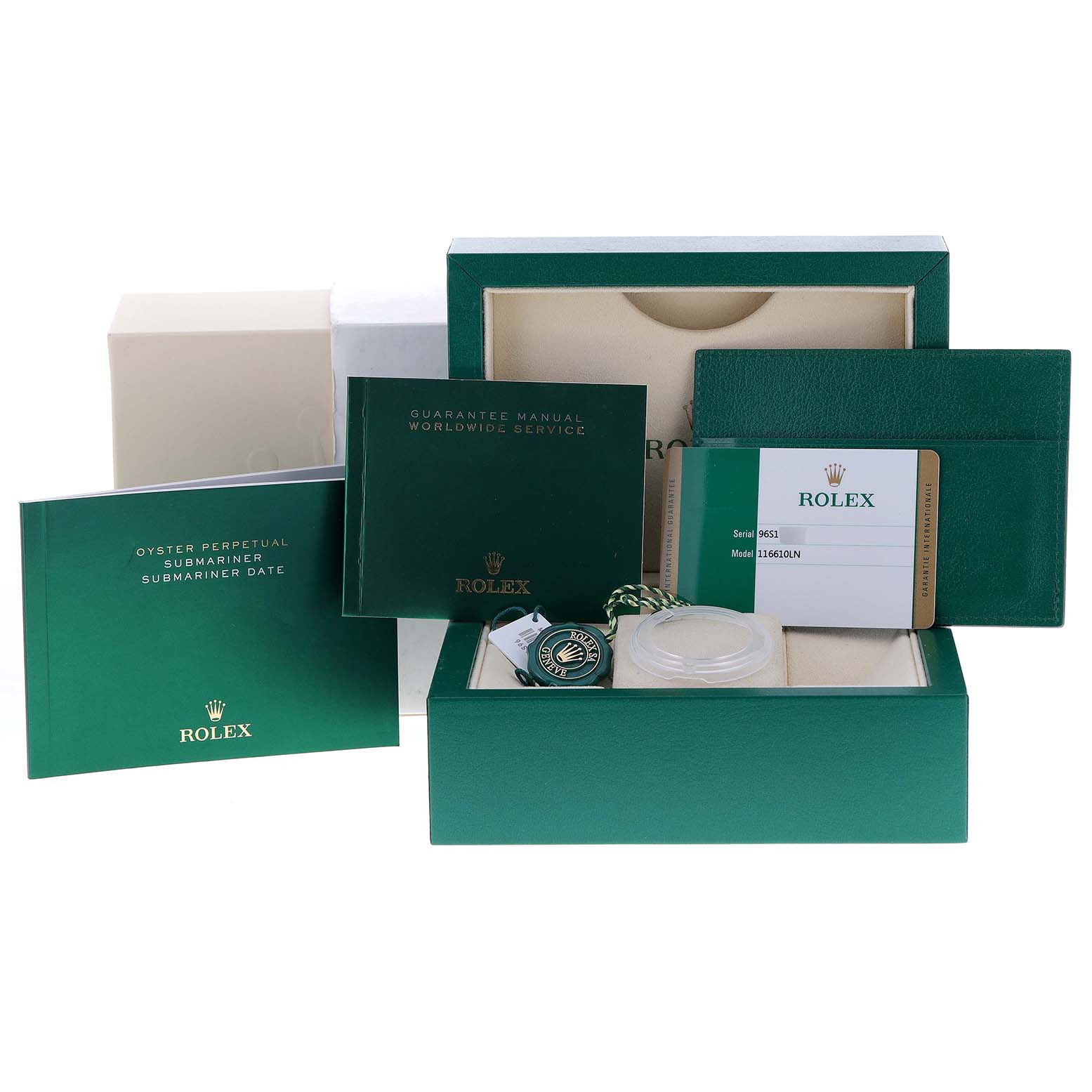 This image shows accessories for a Rolex Submariner 116610LN Men
s Stainless Steel Black Dial 116610LN Men
s Stainless Steel Black Dial, including packaging, manuals, a warranty card, a hang tag, and a cardholder.