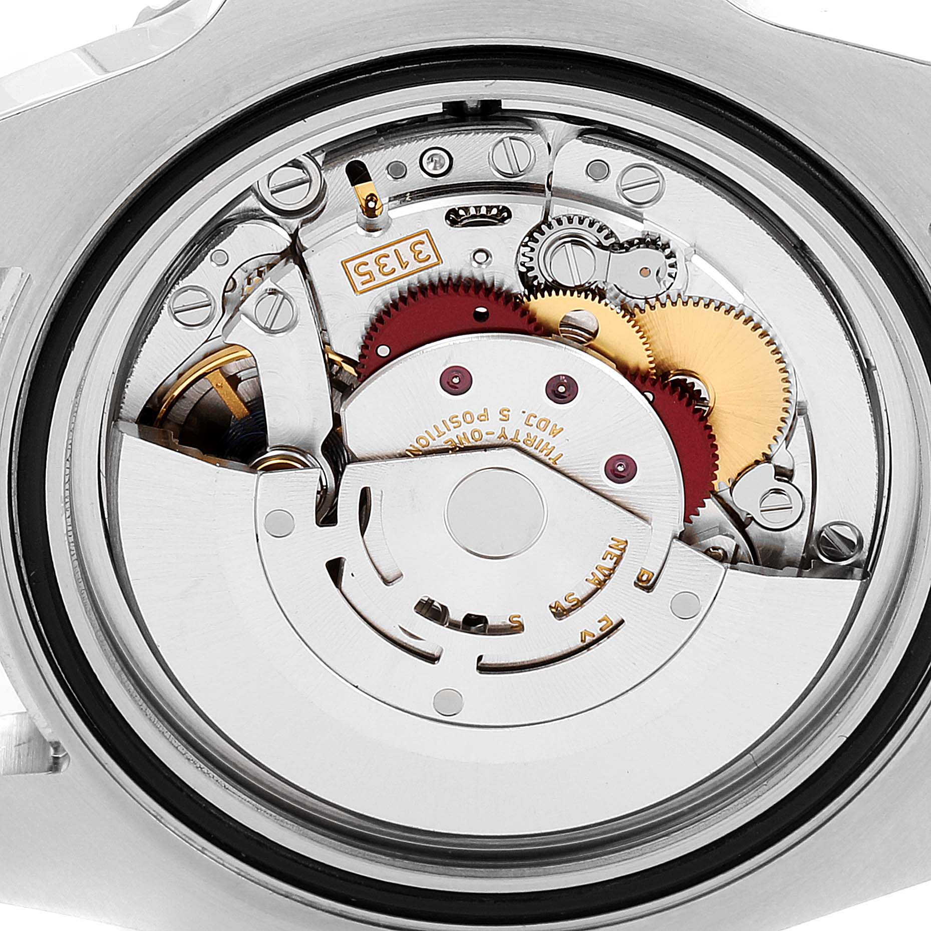 This image shows the internal mechanical movement of a Rolex Submariner 116610LN Men
s Stainless Steel Black Dial 116610LN Men
s Stainless Steel Black Dial watch from the back angle.