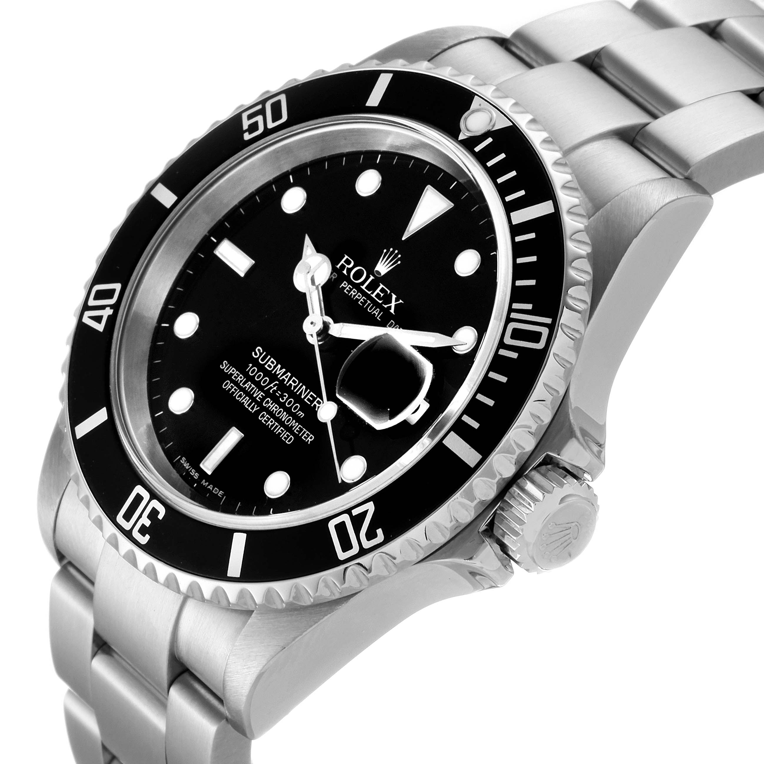 This image shows a Rolex Submariner 16610 Men
s Stainless Steel Black Dial 16610 Men
s Stainless Steel Black Dial watch from an oblique angle, highlighting the bezel, dial, crown, and part of the bracelet.