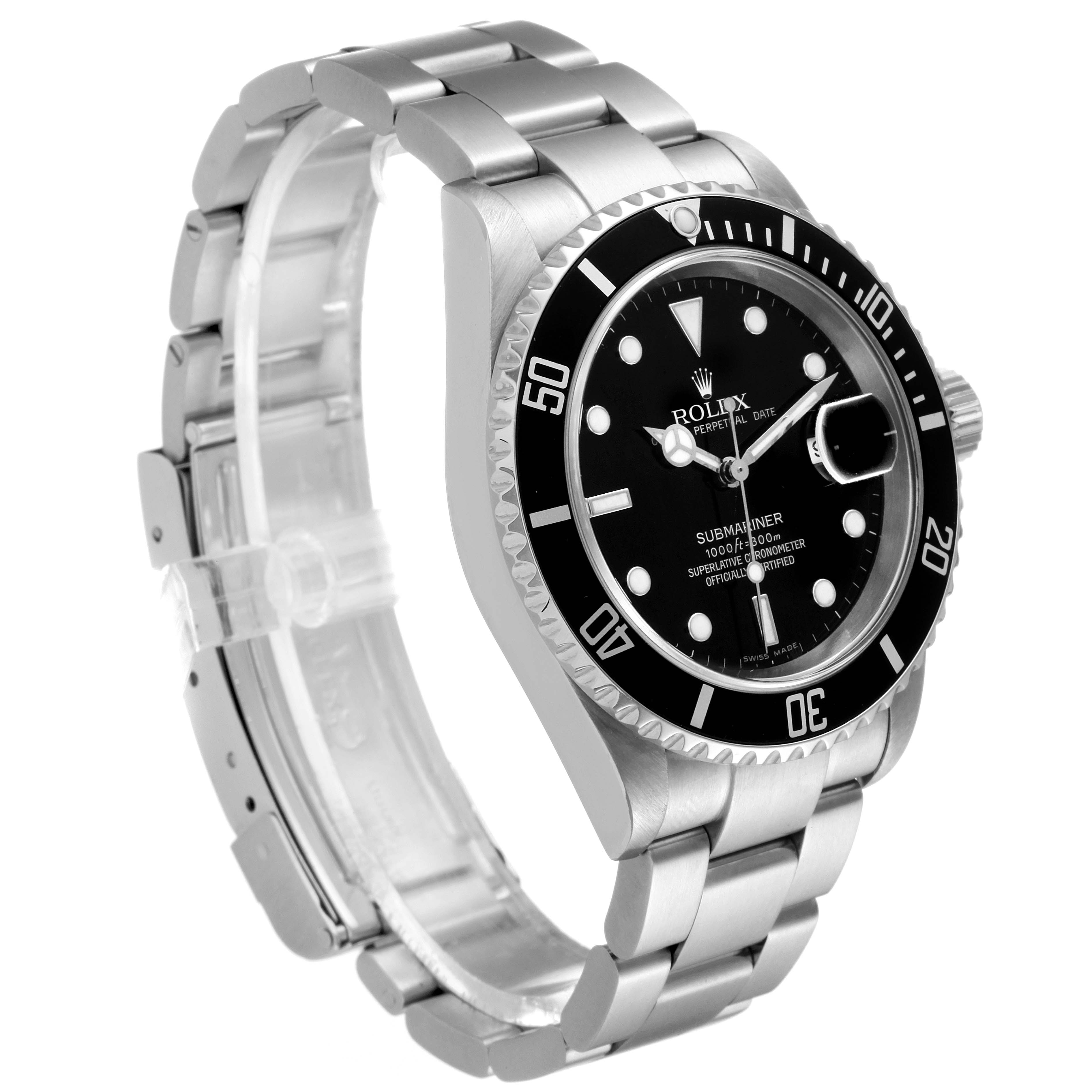 The image shows a Rolex Submariner 16610 Men
s Stainless Steel Black Dial 16610 Men
s Stainless Steel Black Dial watch at a three-quarter angle, highlighting the face, bezel, crown, and stainless steel bracelet.