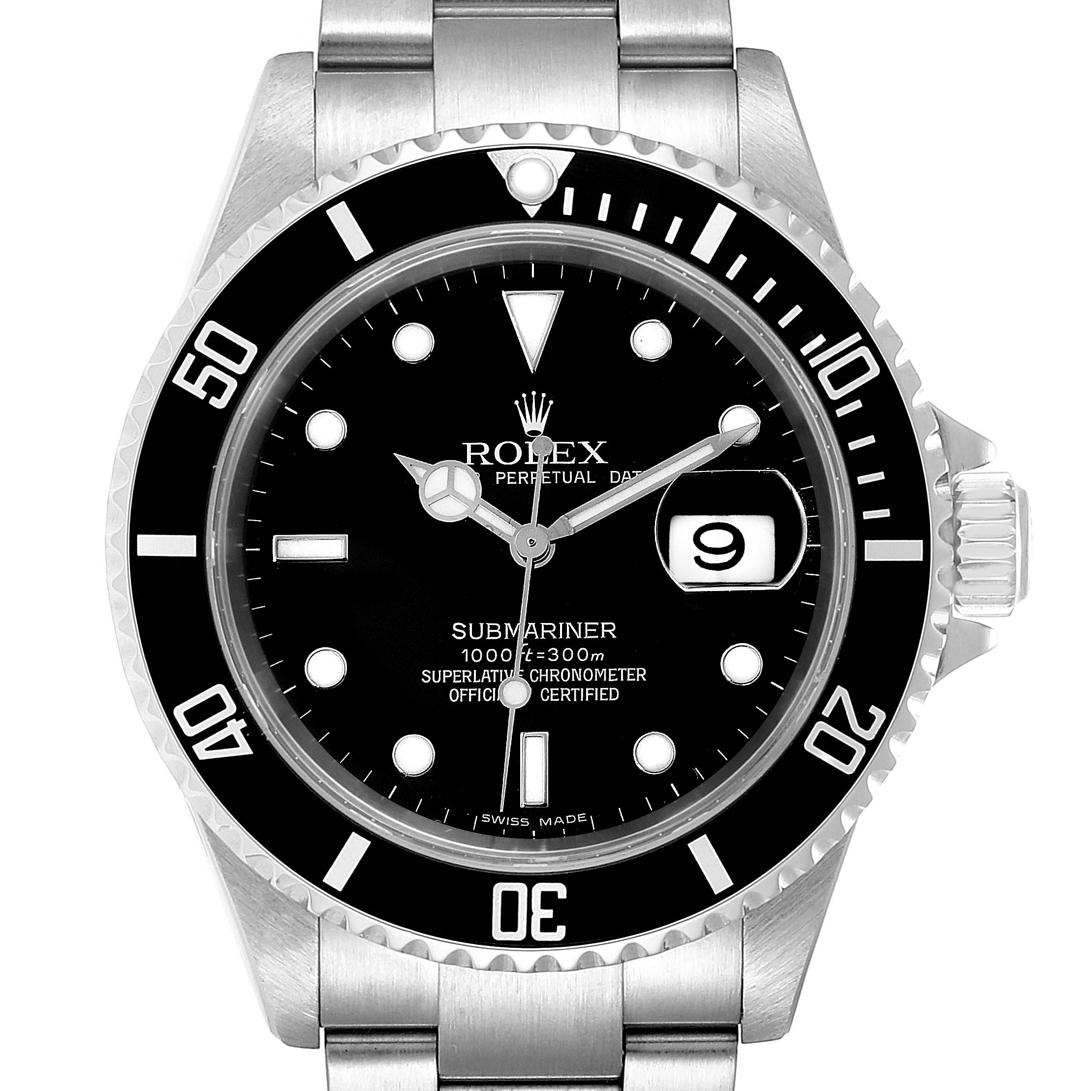 This image shows a Rolex Submariner 16610 Men
s Stainless Steel Black Dial 16610 Men
s Stainless Steel Black Dial watch from a front view, featuring the dial, bezel, and part of the bracelet.